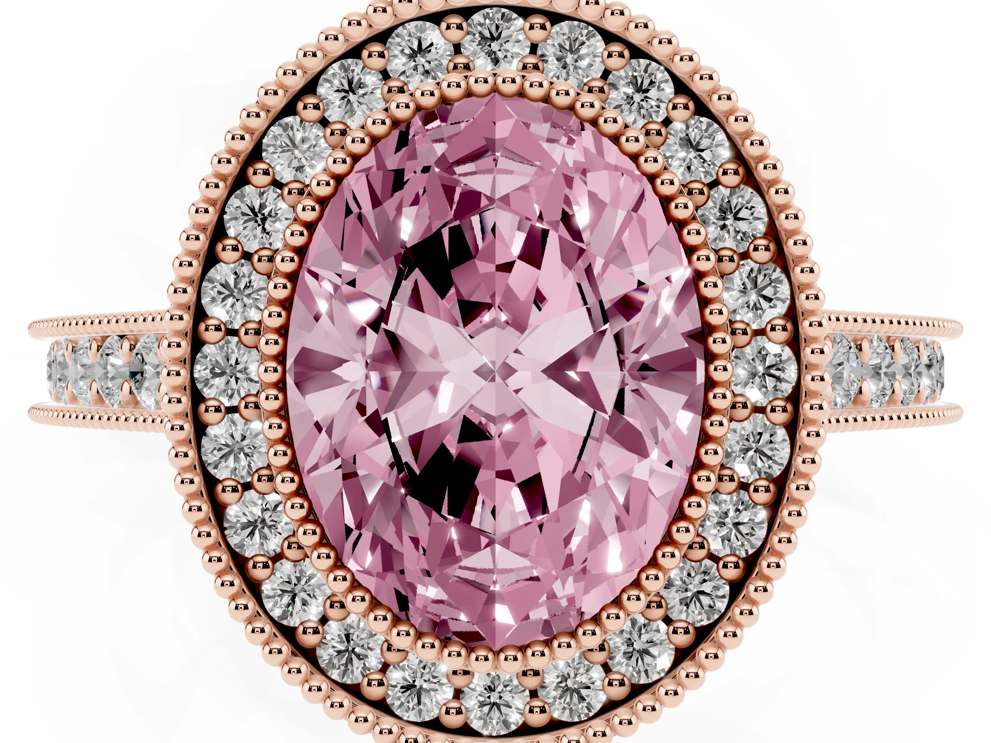 Fancy Pink Oval Cut Diamond Halo Milgrain Pavé Band Ring Set in Rose gold with Prong Setting