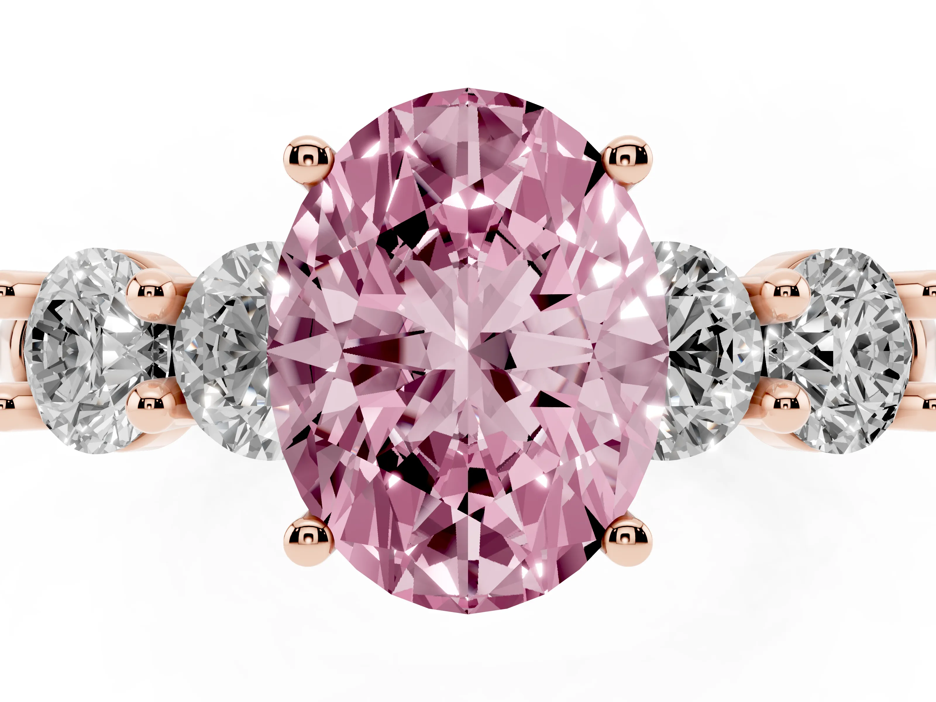 Fancy Pink Oval Cut Diamond Five-Stone Prong Set Ring Set in Rose gold with Classic Band