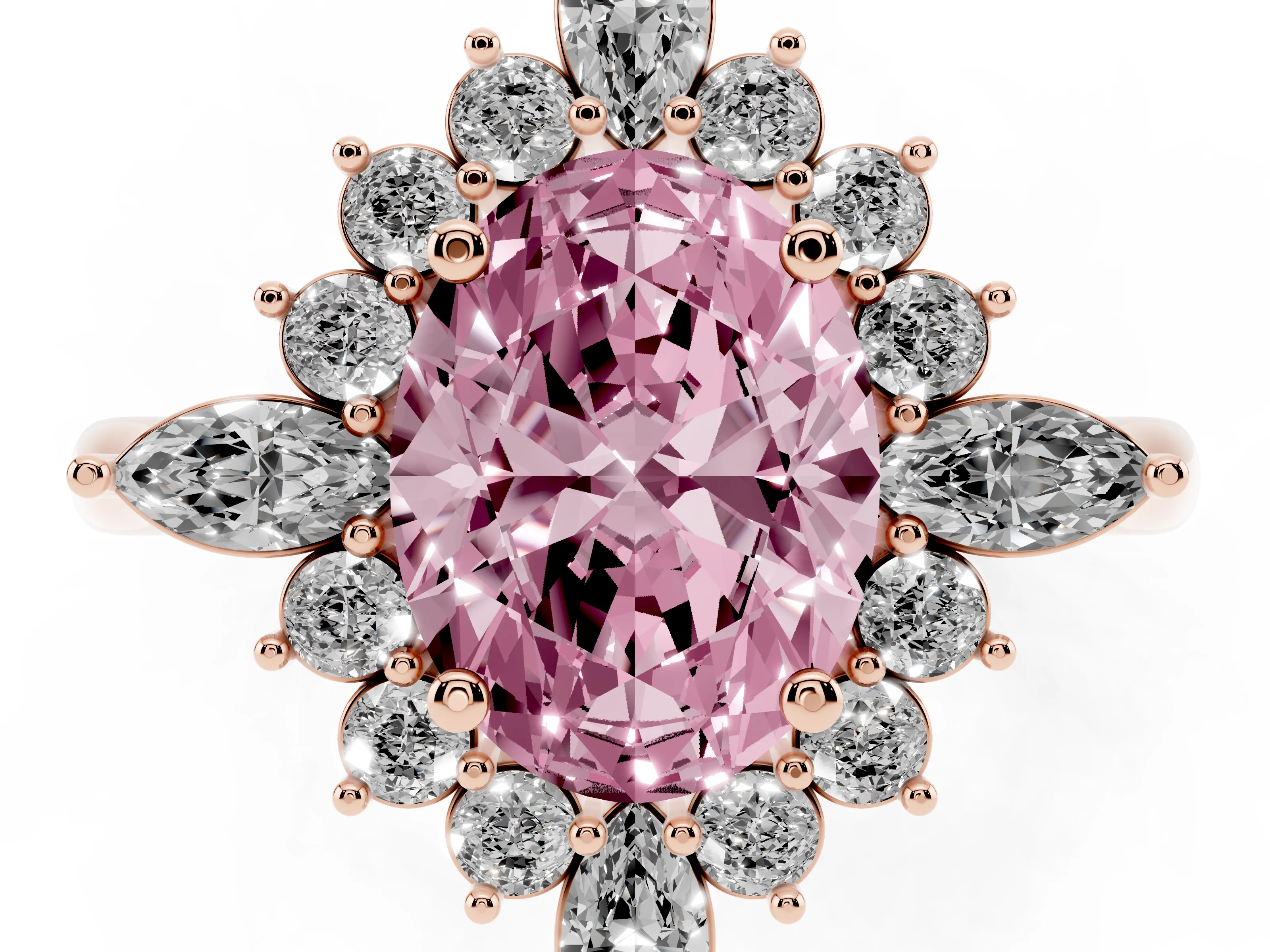 Fancy Pink Oval Cut Diamond Cluster Halo Ring Set in Rose gold with Marquise and Round Accents