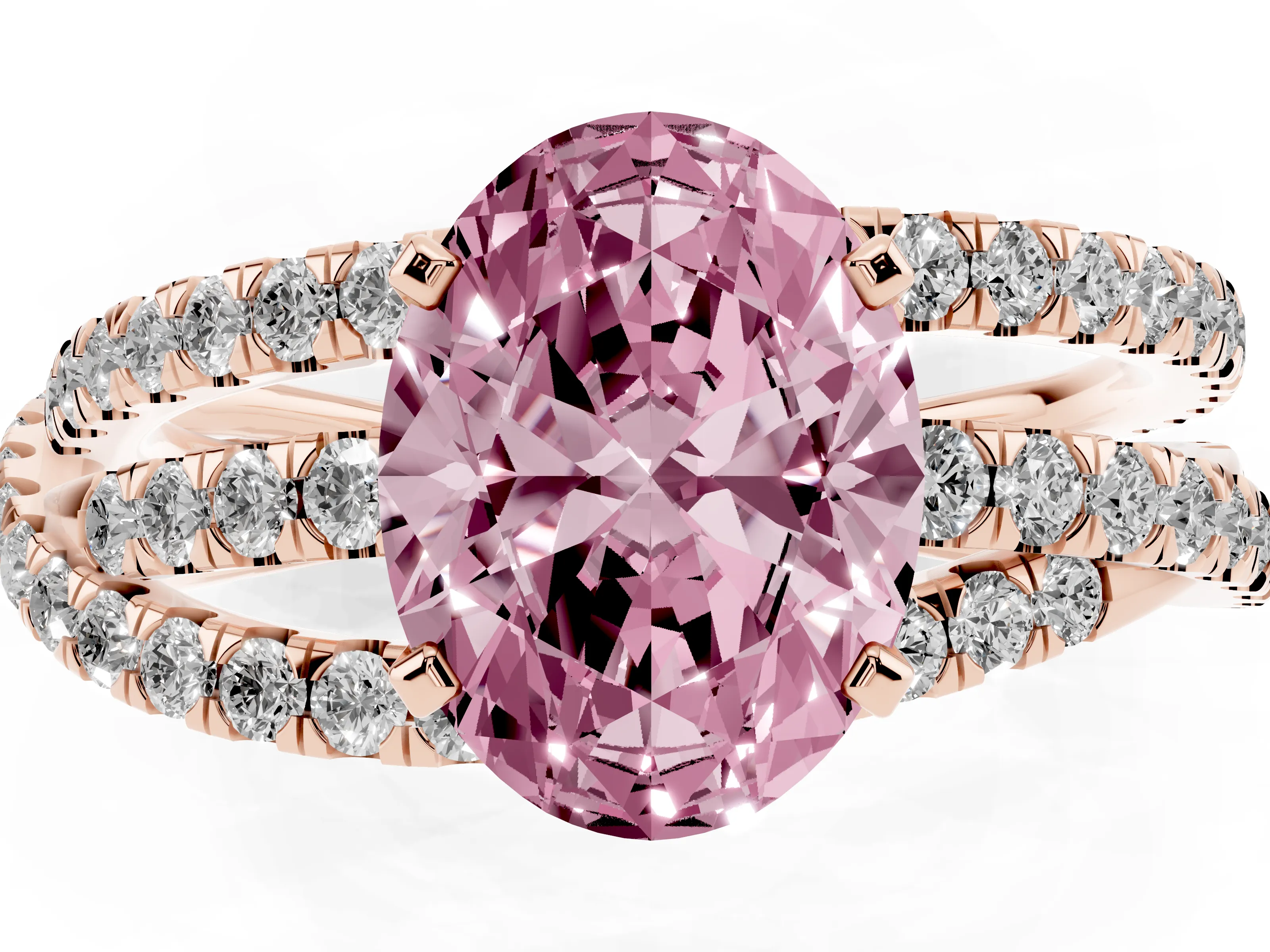 Fancy Pink Oval Cut Diamond Solitaire Twist Band Ring Set in Rose gold with Pavé Setting and Prong Head
