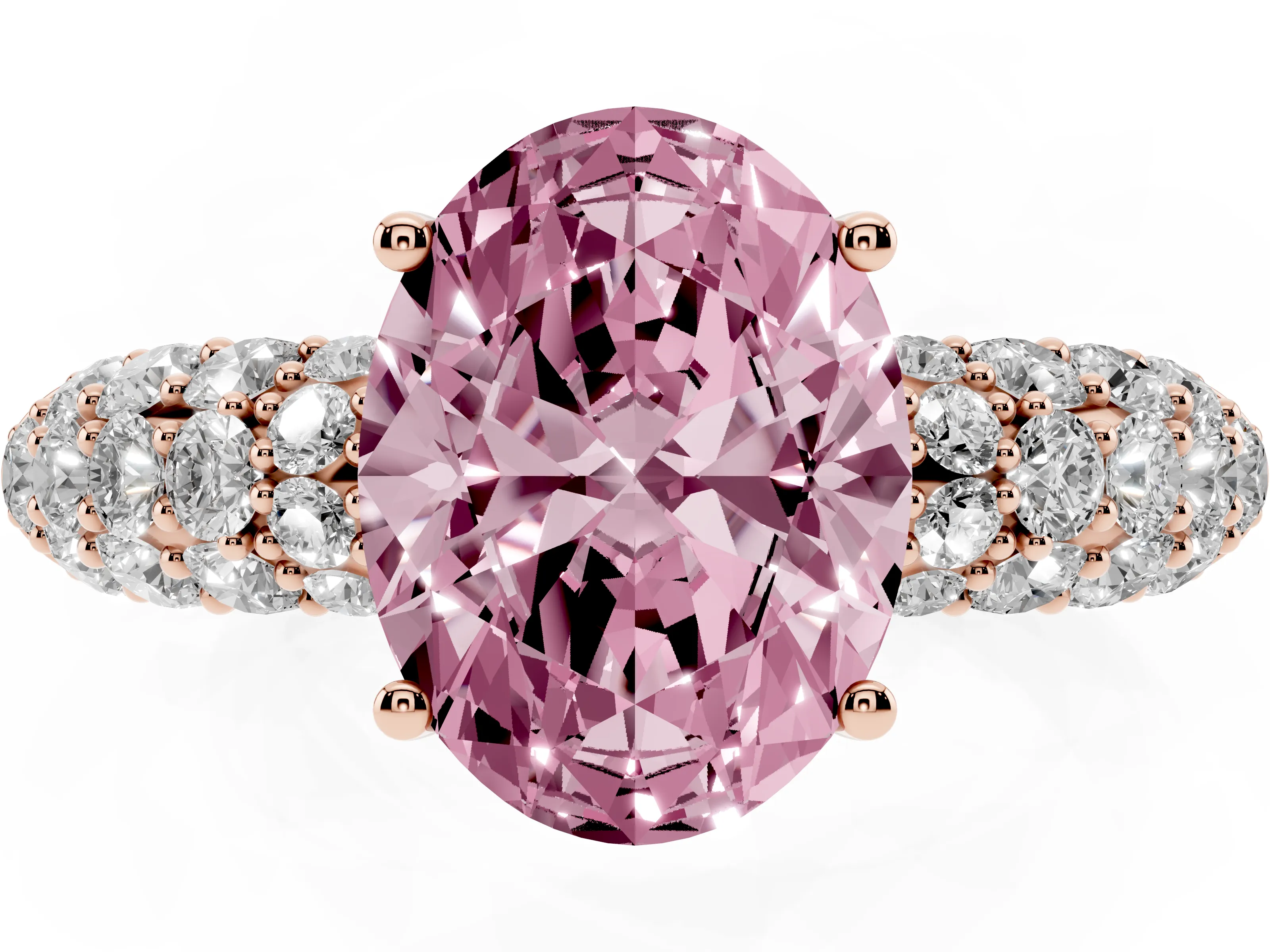 Fancy Pink Oval Cut Diamond Pavé Band Solitaire Ring Set in Rose gold with Close-Set Accent Stones and Prong Setting