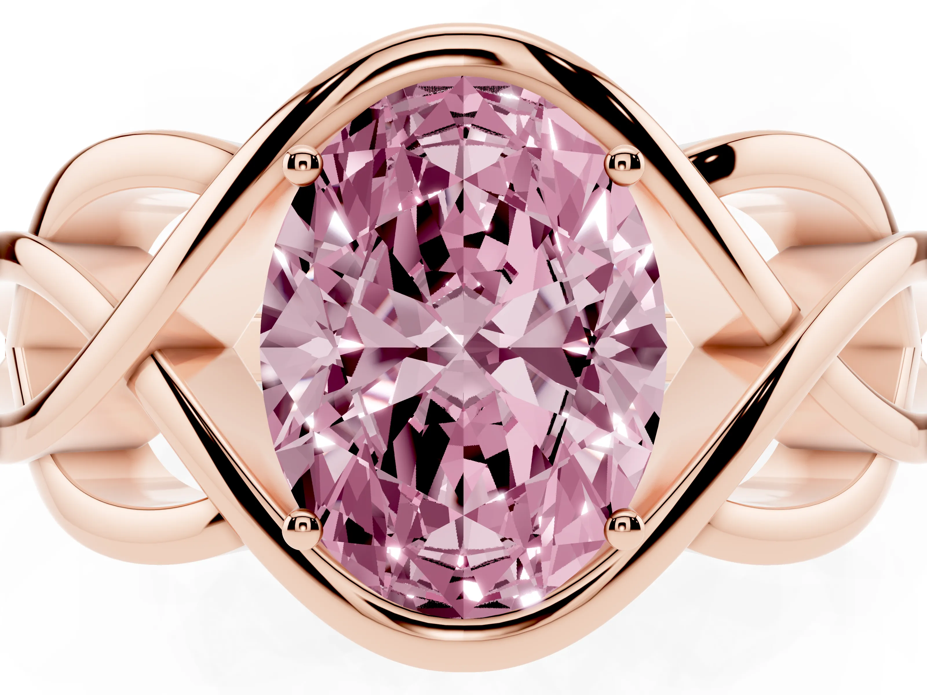 Fancy Pink Oval Cut Diamond Solitaire Ring Set in Rose gold with Intertwined Band