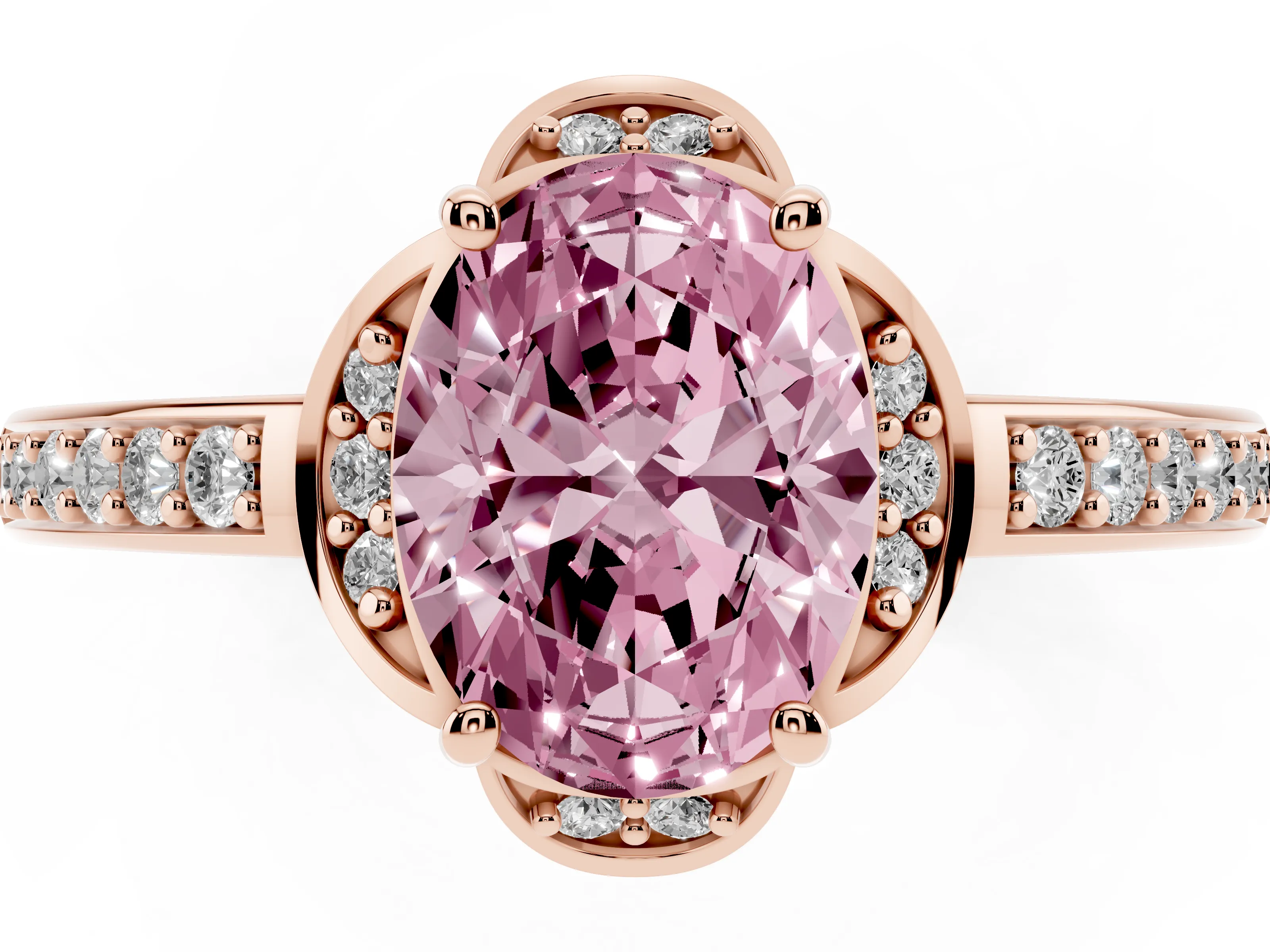 Fancy Pink Oval Cut Diamond Halo Ring Set in Rose gold with Channel Set Band and Prong Setting
