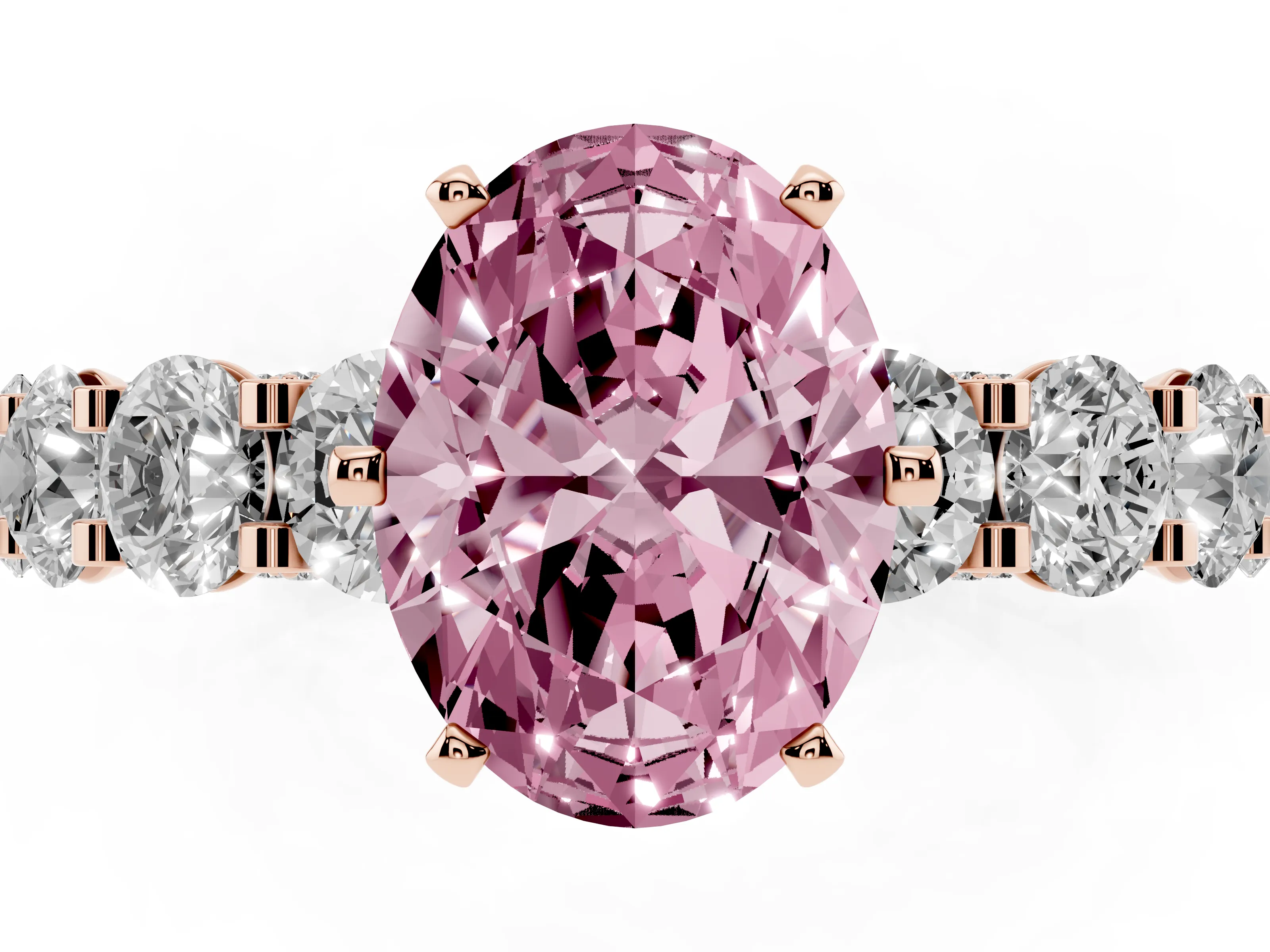 Fancy Pink Oval Cut Diamond Side Stone Ring Set in Rose gold with Alternating Round and Oval Side Stones
