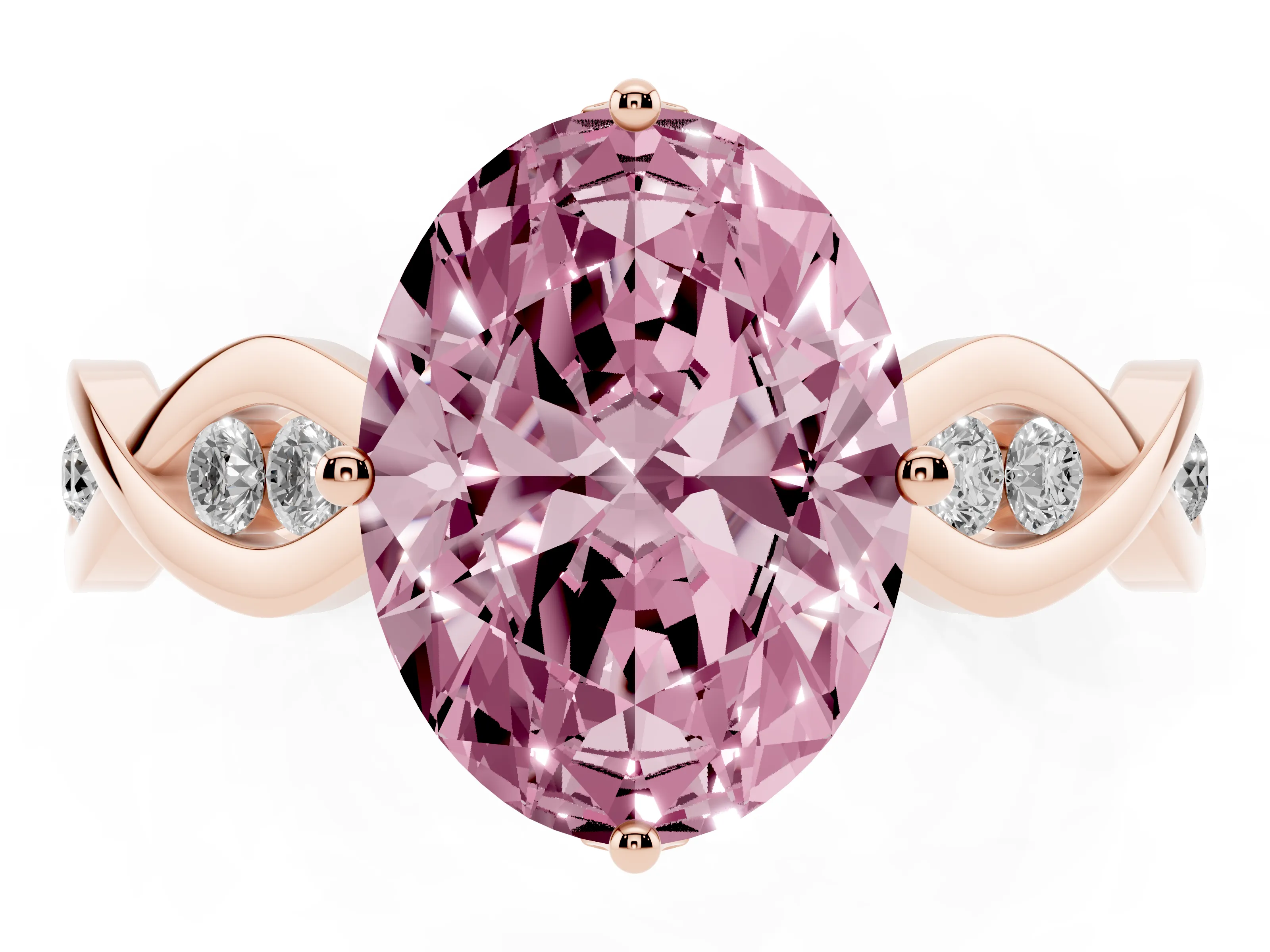 Fancy Pink Oval Cut Diamond Twist Band Solitaire Ring Set in Rose gold with Leaf Prong Setting and Accent Stones