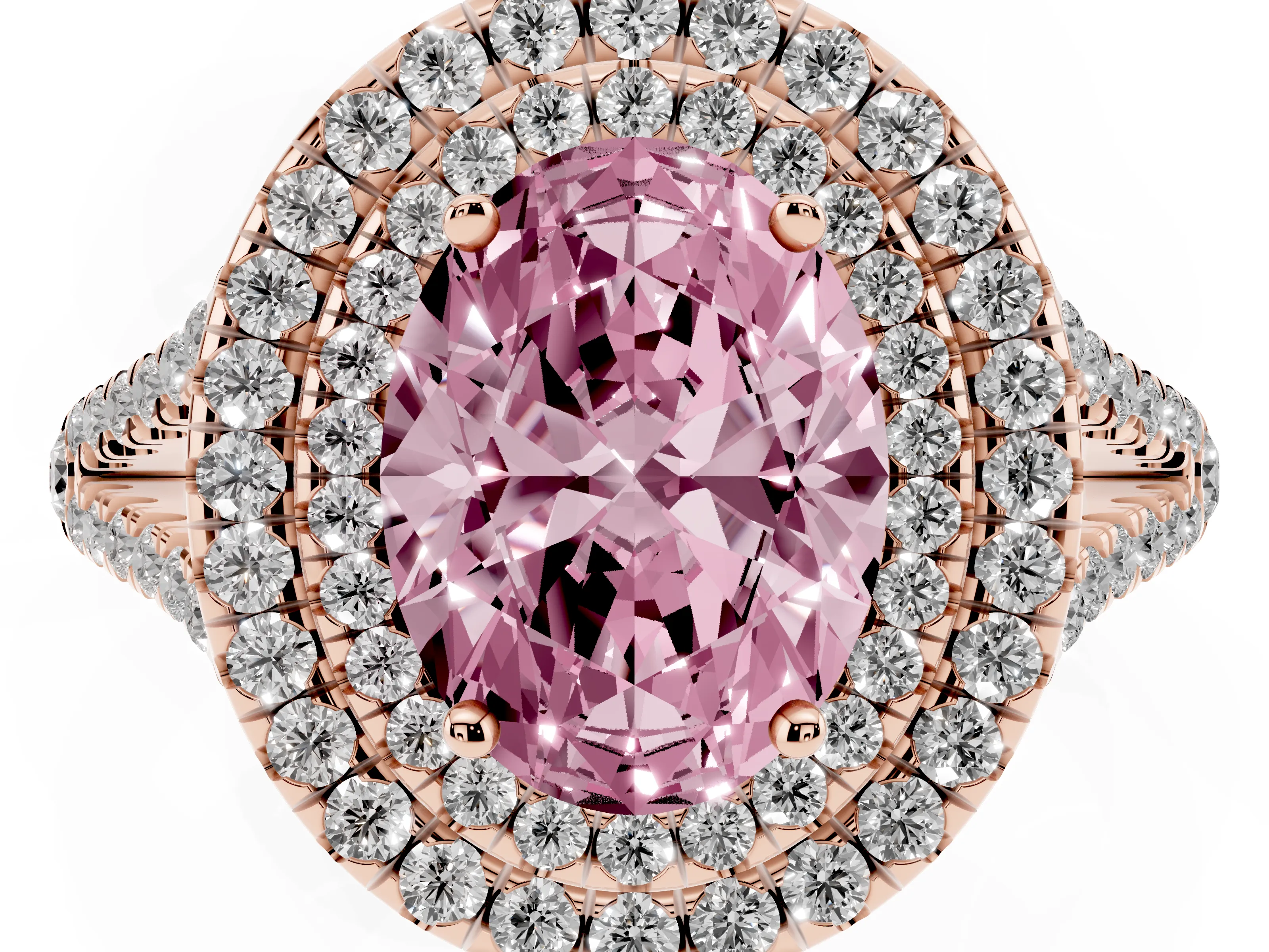 Fancy Pink Oval Cut Diamond Double Halo Ring Set in Rose gold with Pavé Band