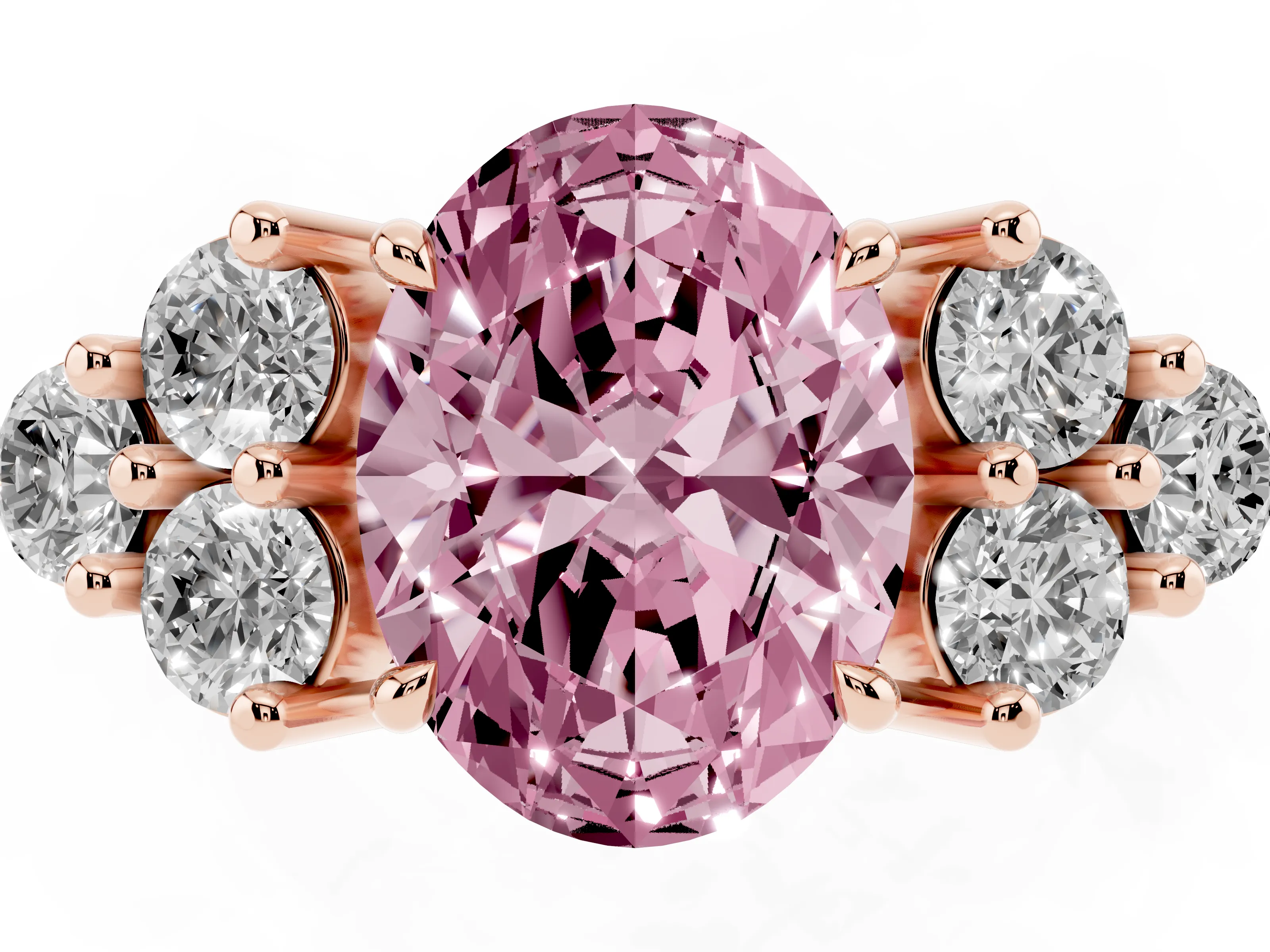 Fancy Pink Oval Cut Diamond Solitaire Ring Set in Rose gold with Cluster Accents on Each Side