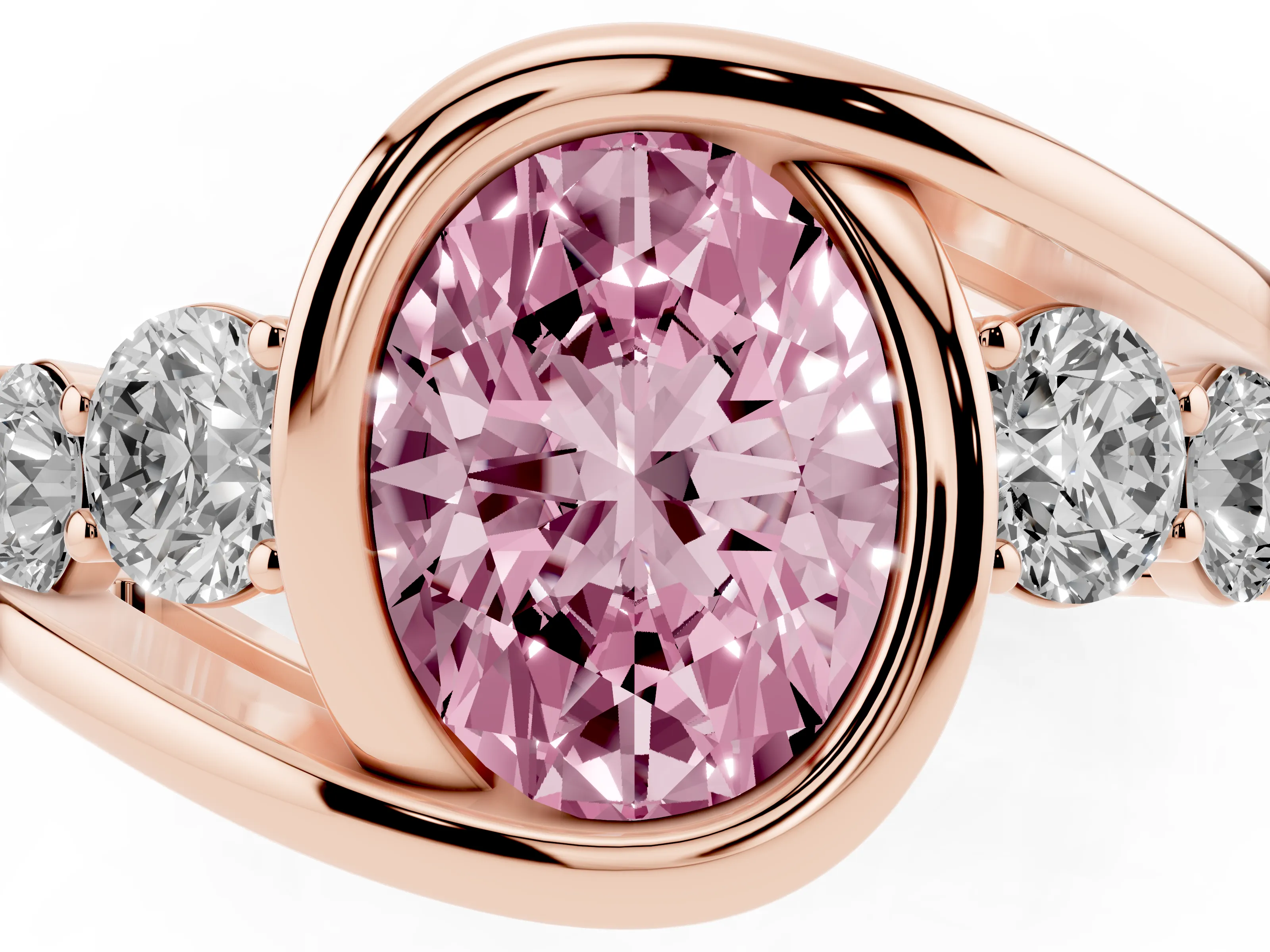 Fancy Pink Oval Cut Diamond Bezel Bypass Ring Set in Rose gold with Round Accents