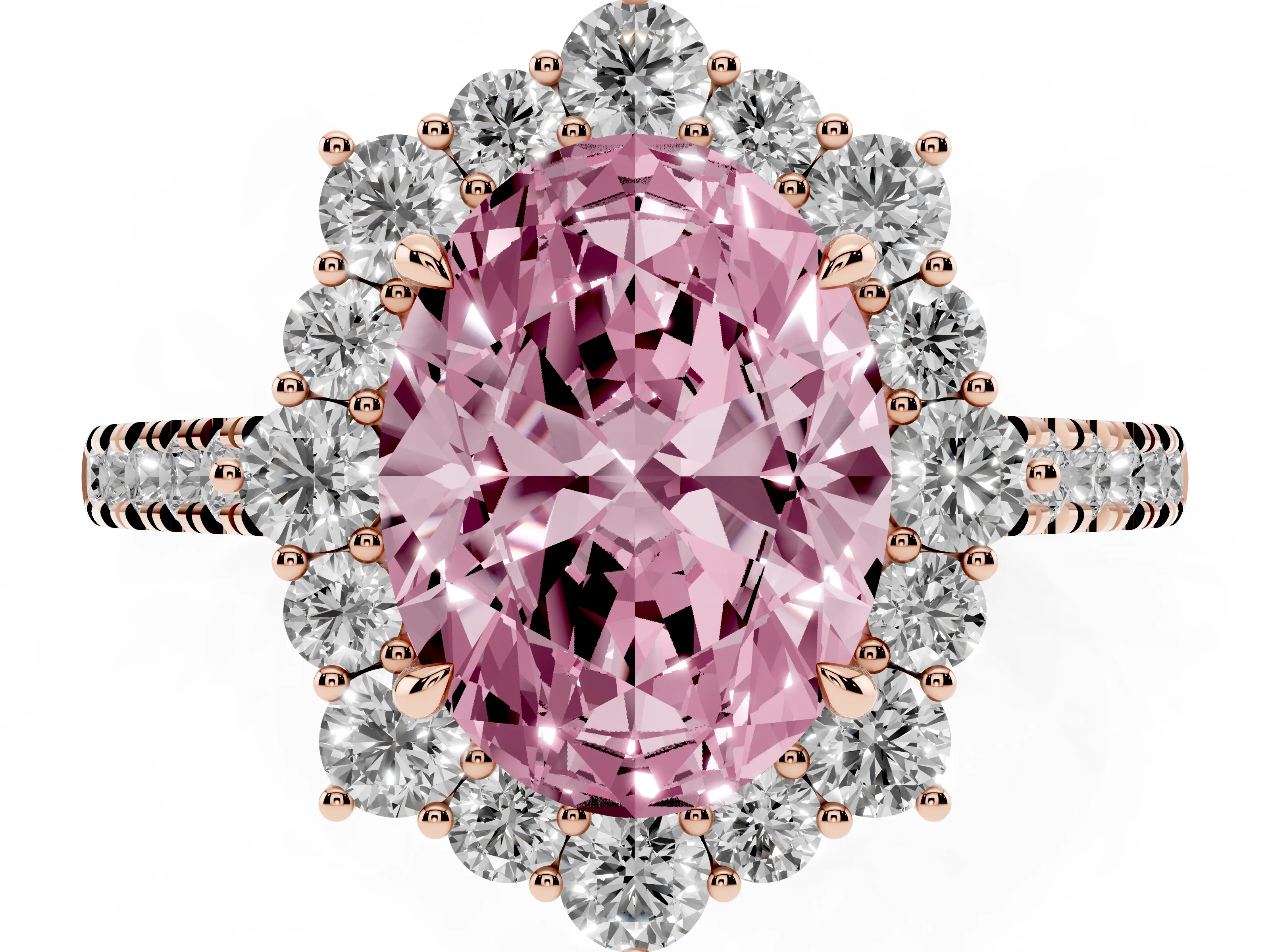 Fancy Pink Oval Cut Diamond Halo Ring Set in Rose gold with Pavé Band and Prong Setting