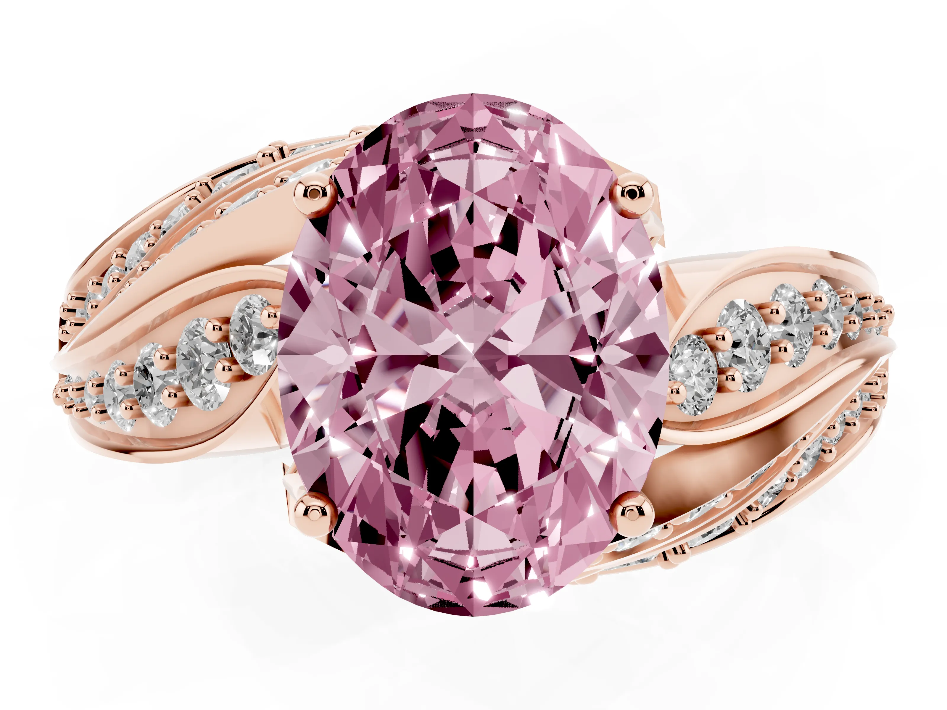 Fancy Pink Oval Cut Diamond Solitaire Ring Set in Rose gold with Layered Twist Pavé Band