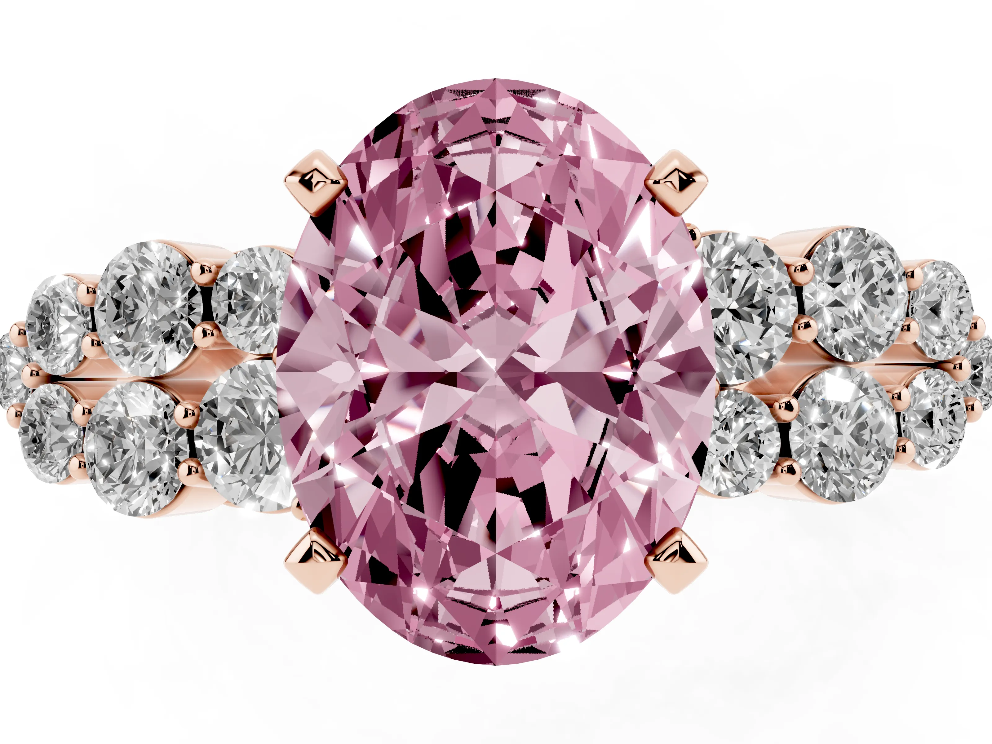Fancy Pink Oval Cut Diamond Cluster Engagement Ring Set in Rose gold with Pavé Band and Prong Setting