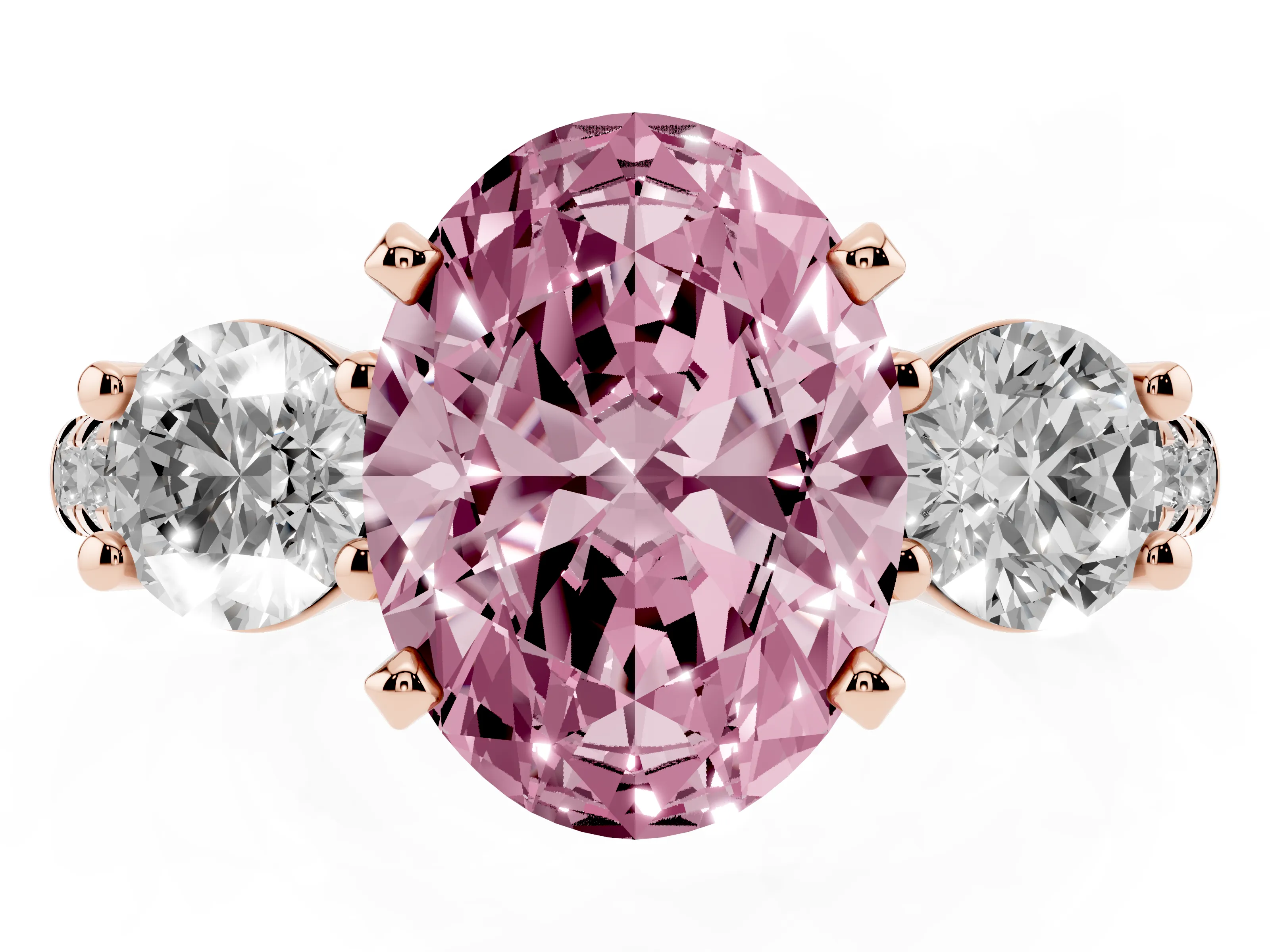 Fancy Pink Three-Stone Oval Cut Diamond Pavé Band Ring Set in Rose gold with Prong-Set Trio