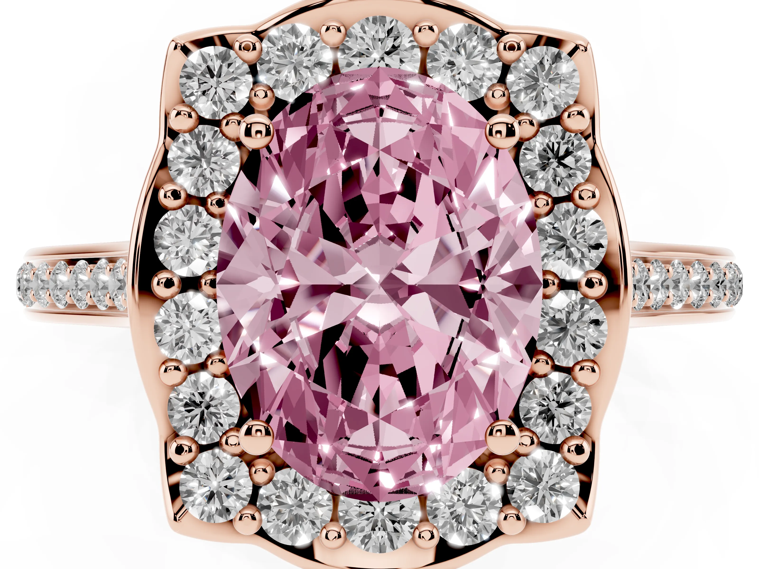 Fancy Pink Oval Cut Diamond Halo Ring Set in Rose gold with Pavé-Lined Shoulders and Prong Setting