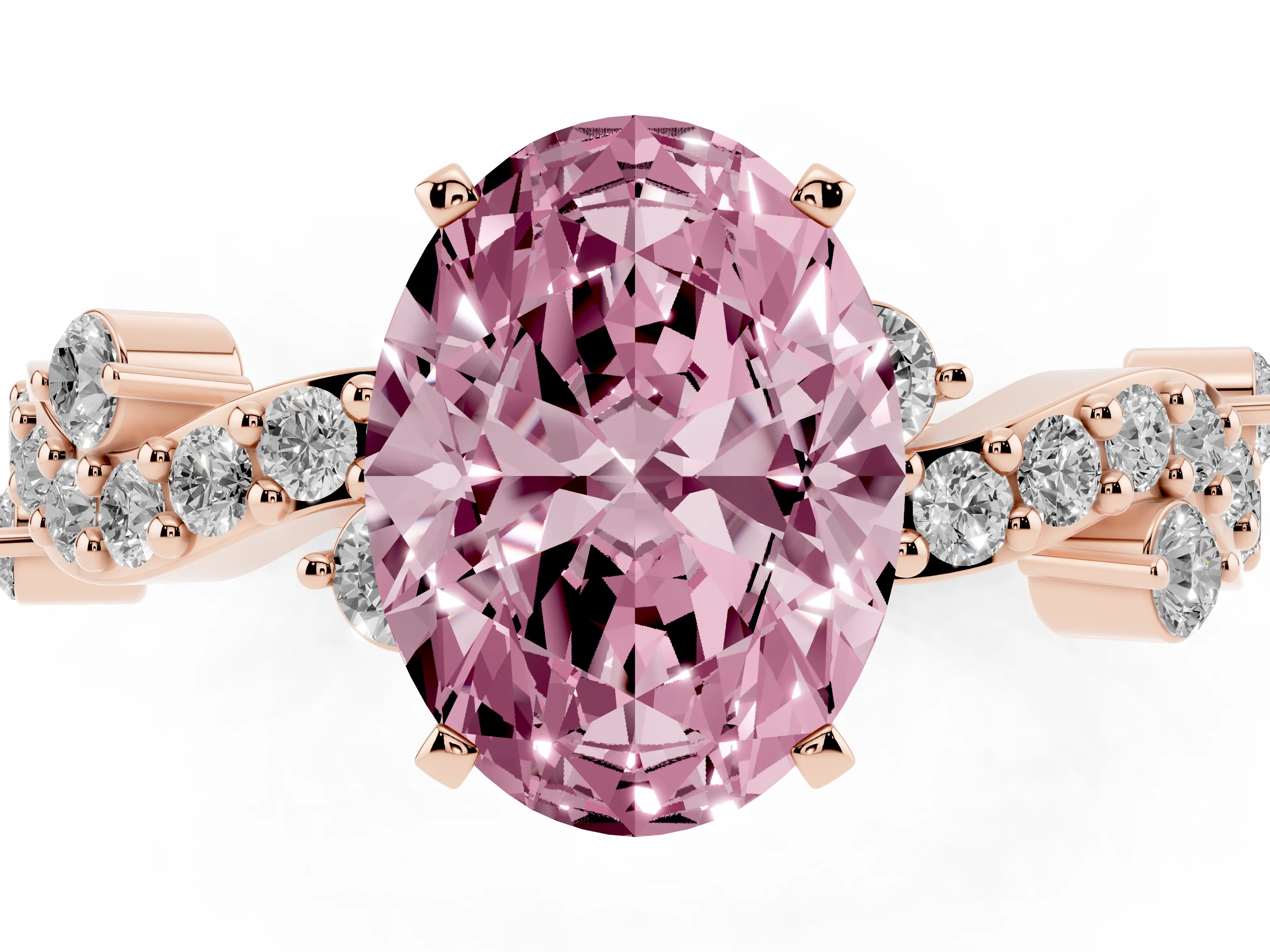 Fancy Pink Oval Cut Diamond Solitaire Twisted Band Set in Rose gold with Pavé Setting