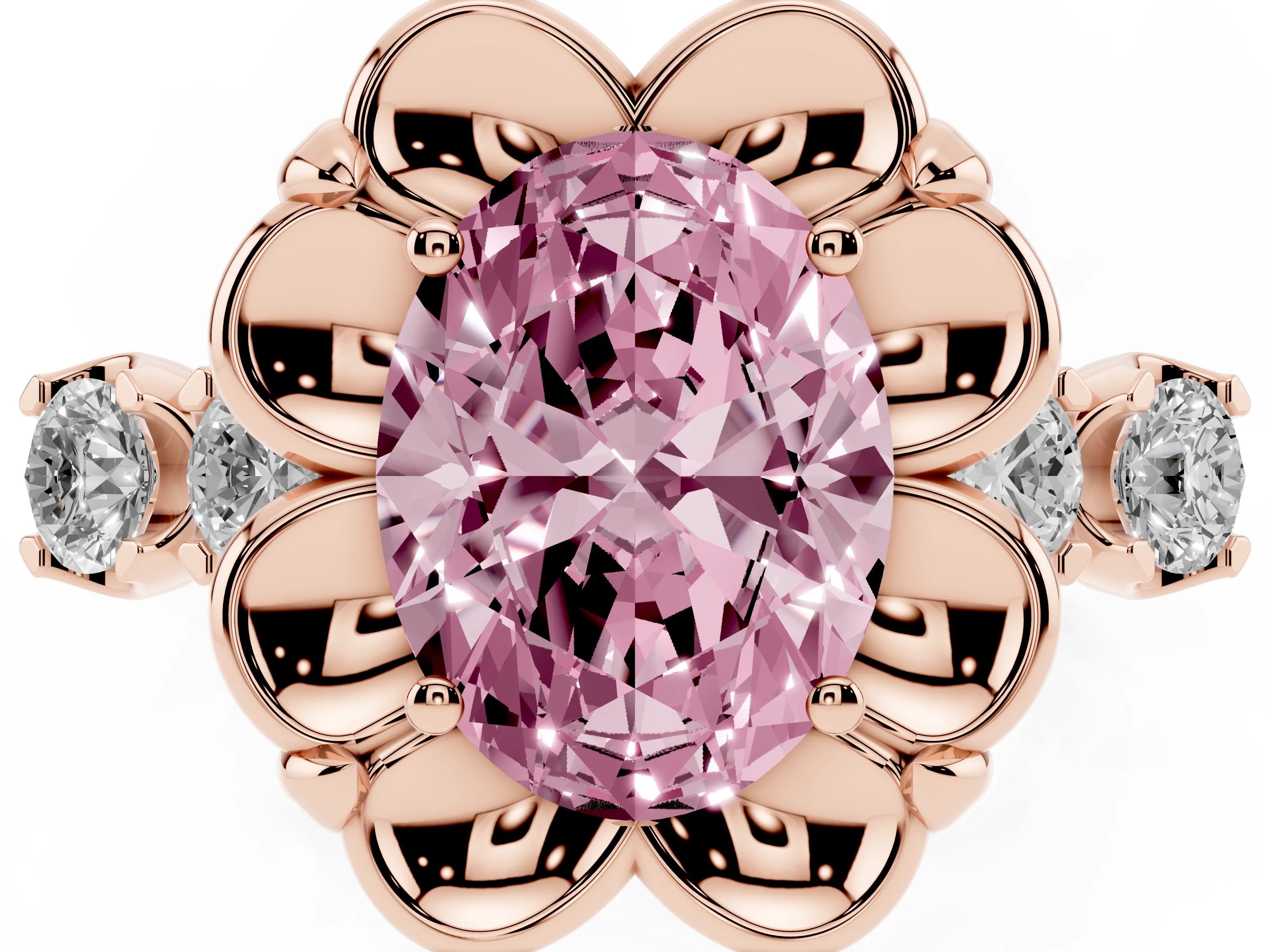 Fancy Pink Oval Cut Diamond Floral Halo Ring Set in Rose gold with Shared Prong Band