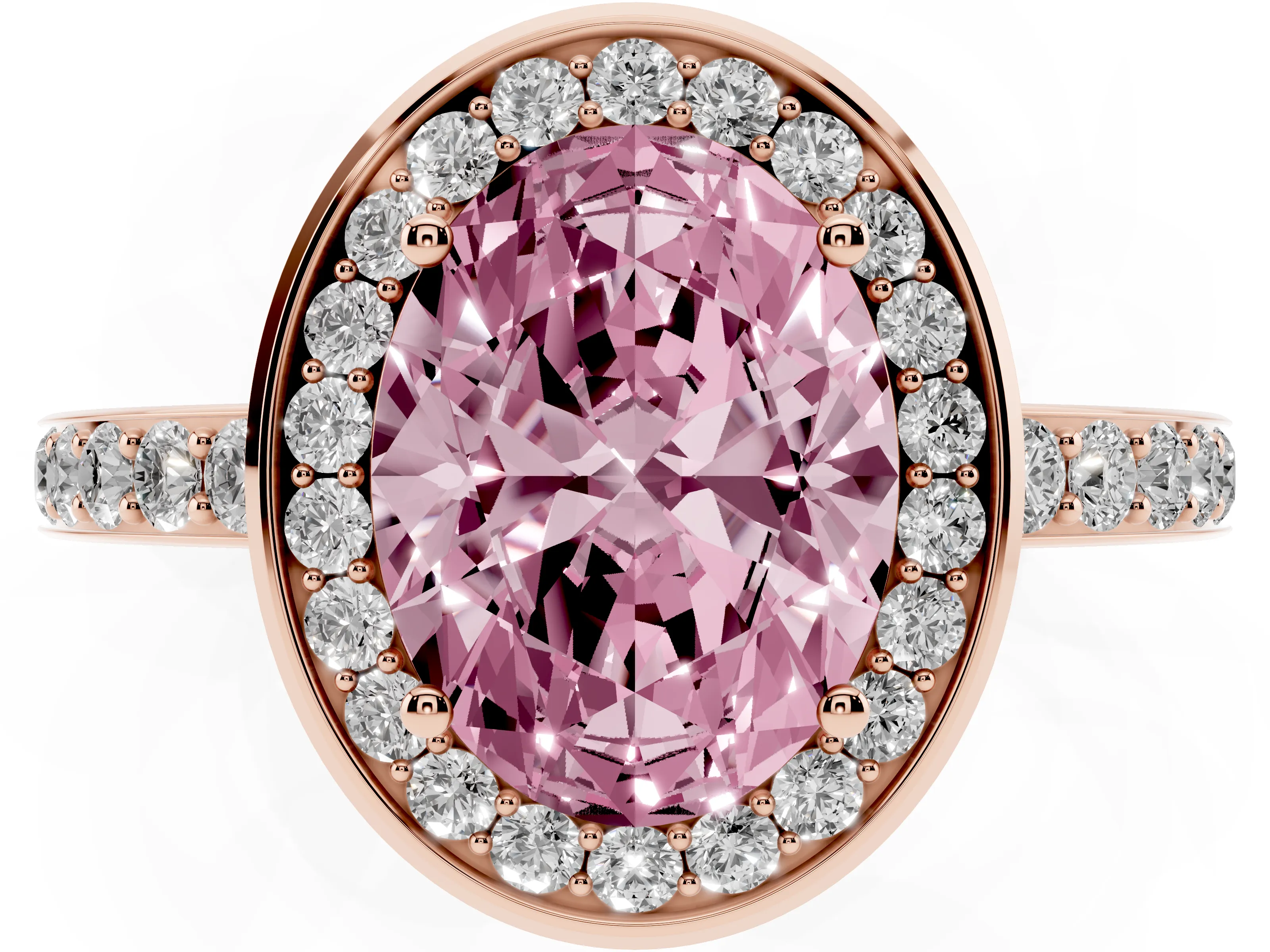 Fancy Pink Oval Cut Diamond Halo Ring Set in Rose gold with Bezel Frame and Pavé Band