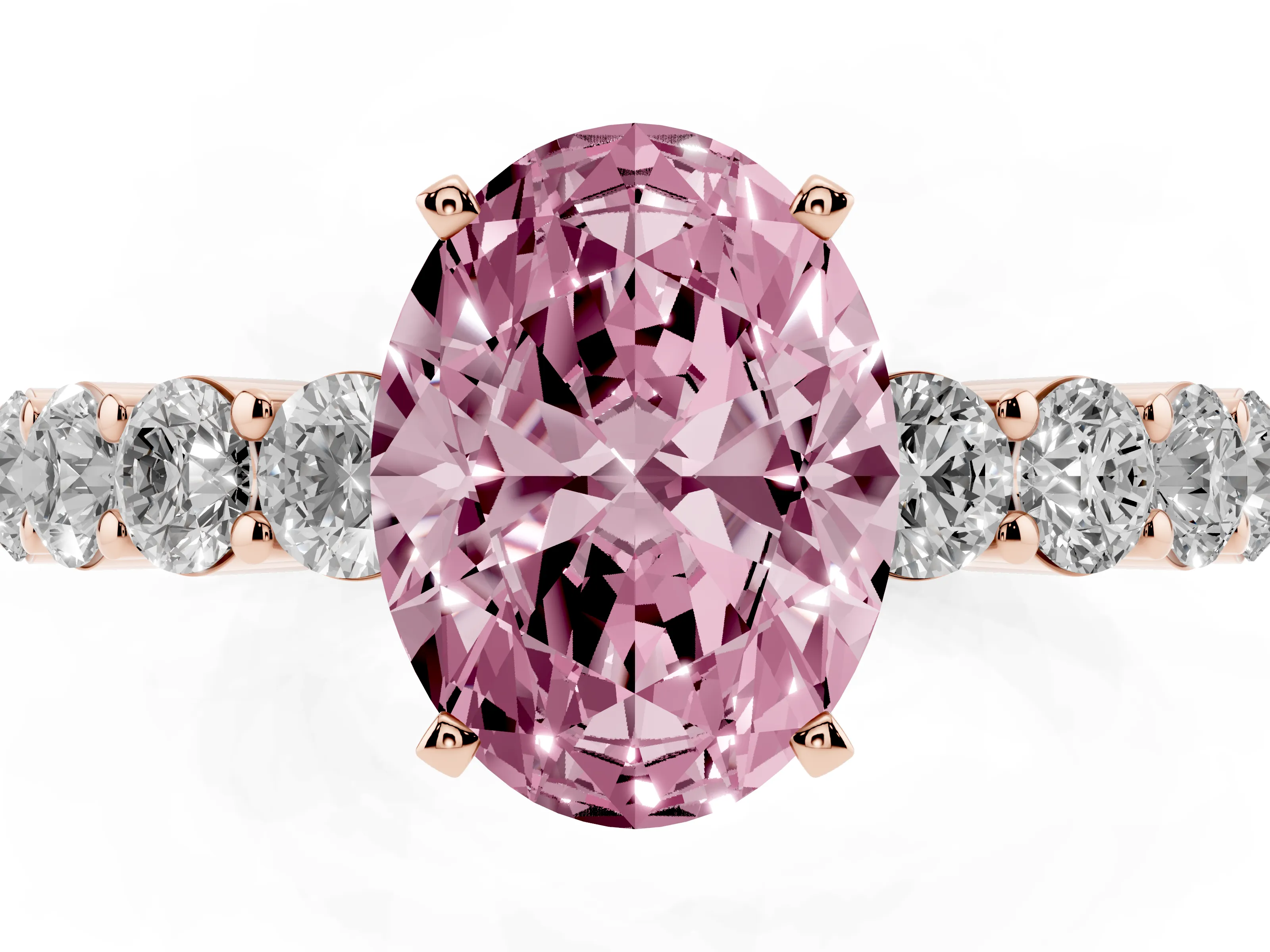 Fancy Pink Oval Cut Diamond Solitaire Ring Set in Rose gold with Shared Prong Round Side Stones