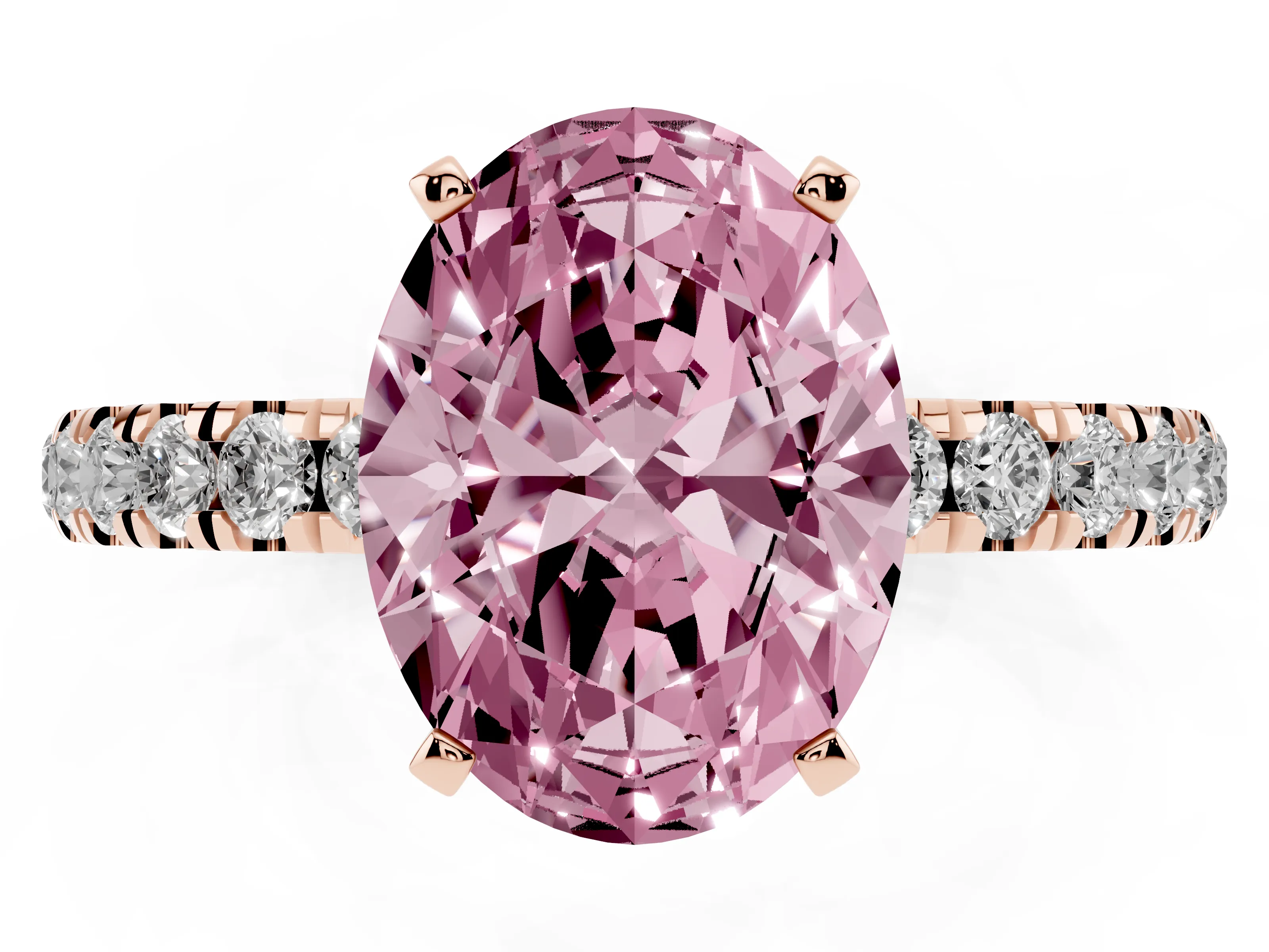 Fancy Pink Oval Cut Diamond Solitaire Ring Set in Rose gold with Pavé Accents and Prong Setting