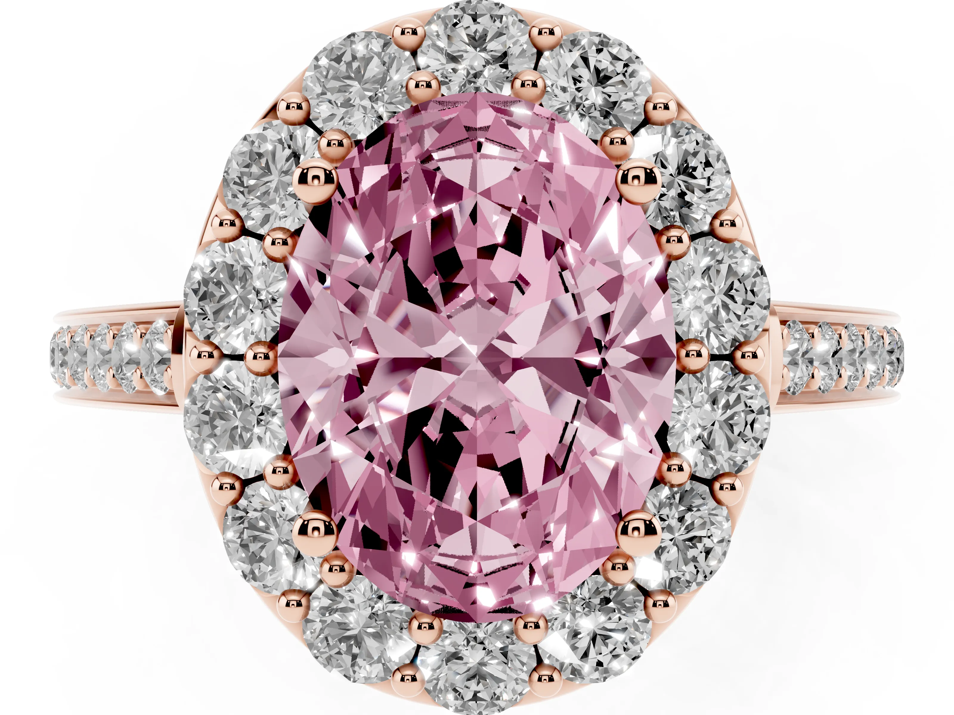 Fancy Pink Oval Cut Diamond Floral Halo Ring Set in Rose gold with Pavé Band and Prong Setting
