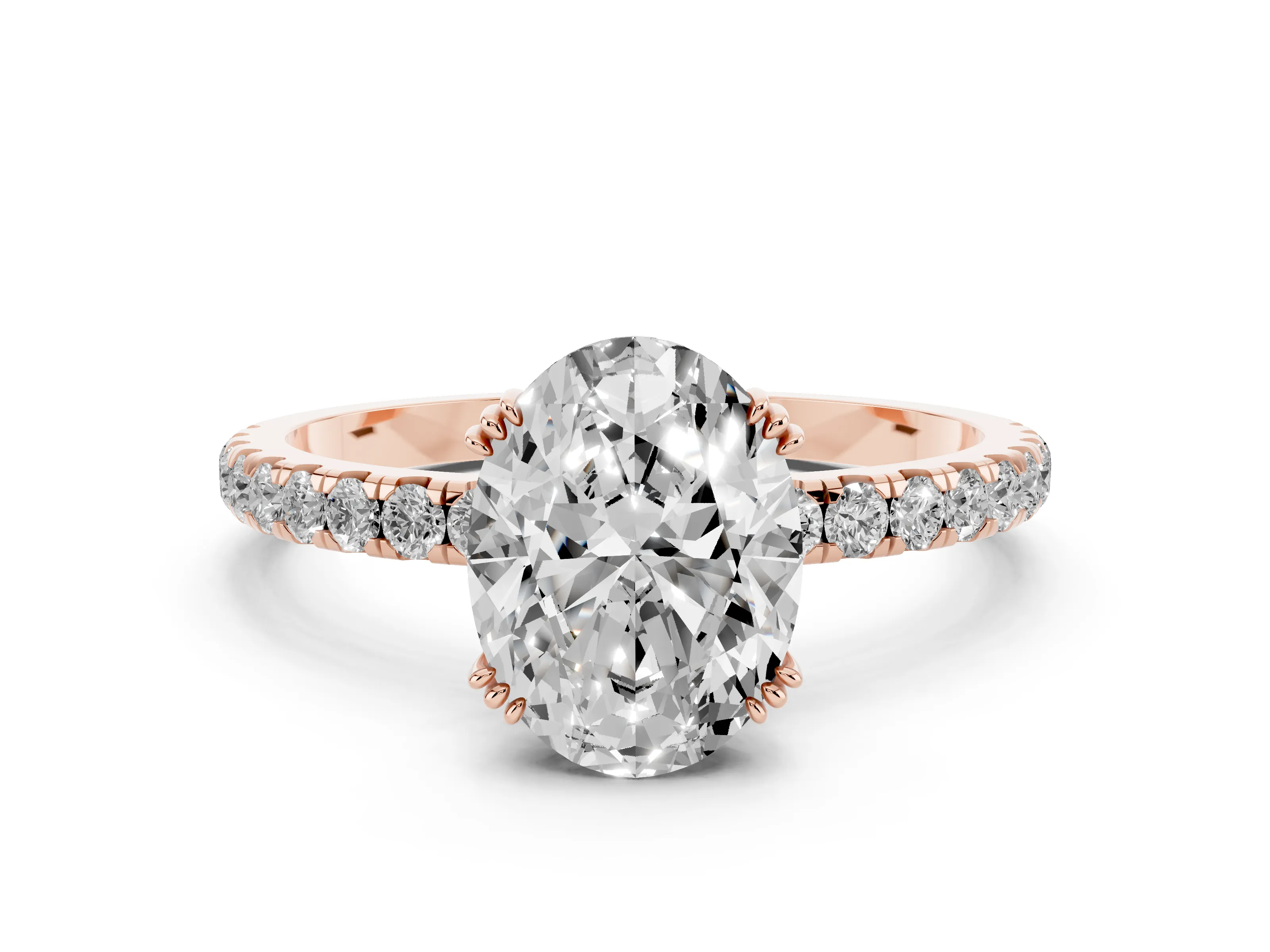 Oval Cut Diamond Brilliant Solitaire Set in Rose gold with Pavé Band and Claw Prong Setting