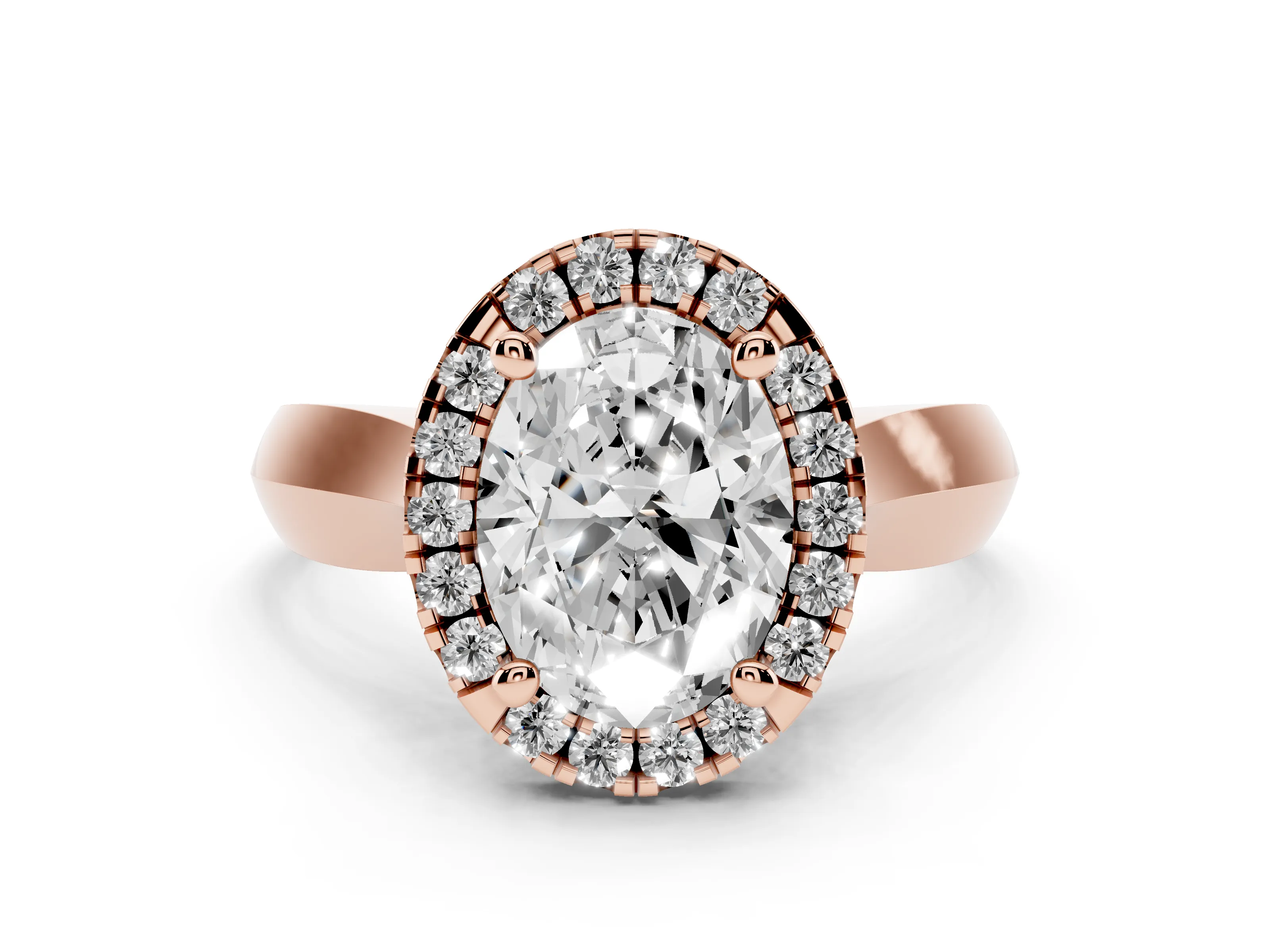Oval Cut Diamond Halo Solitaire Engagement Ring Set in Rose gold with Square Band and Prong Setting
