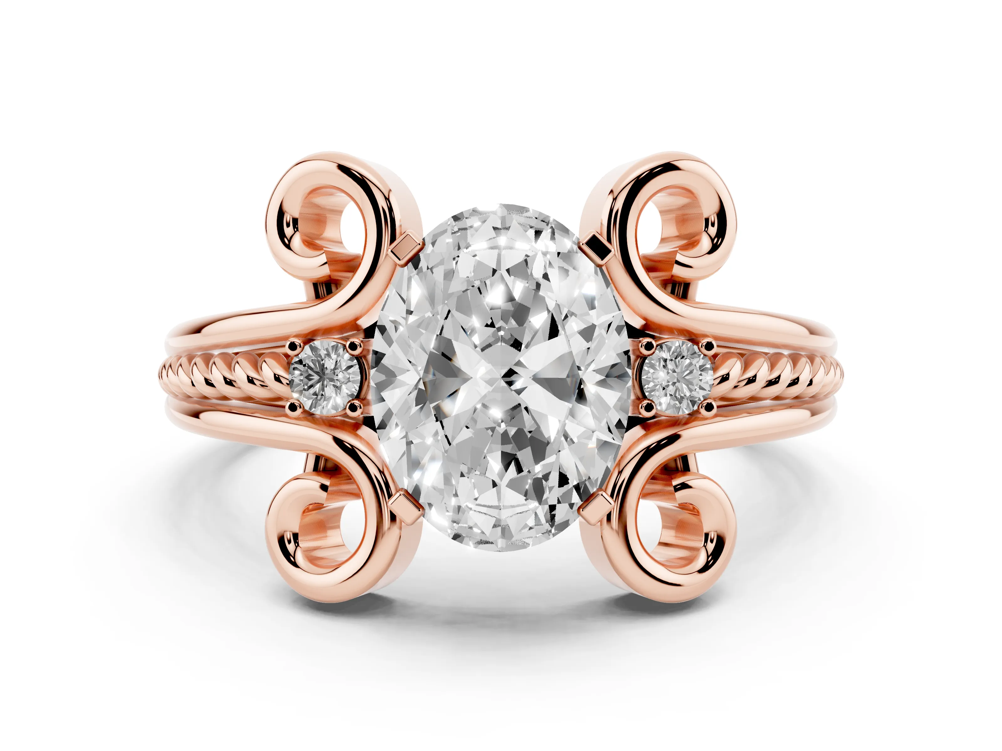Oval Cut Diamond Twisted Band Solitaire Ring Set in Rose gold with Scroll Prongs