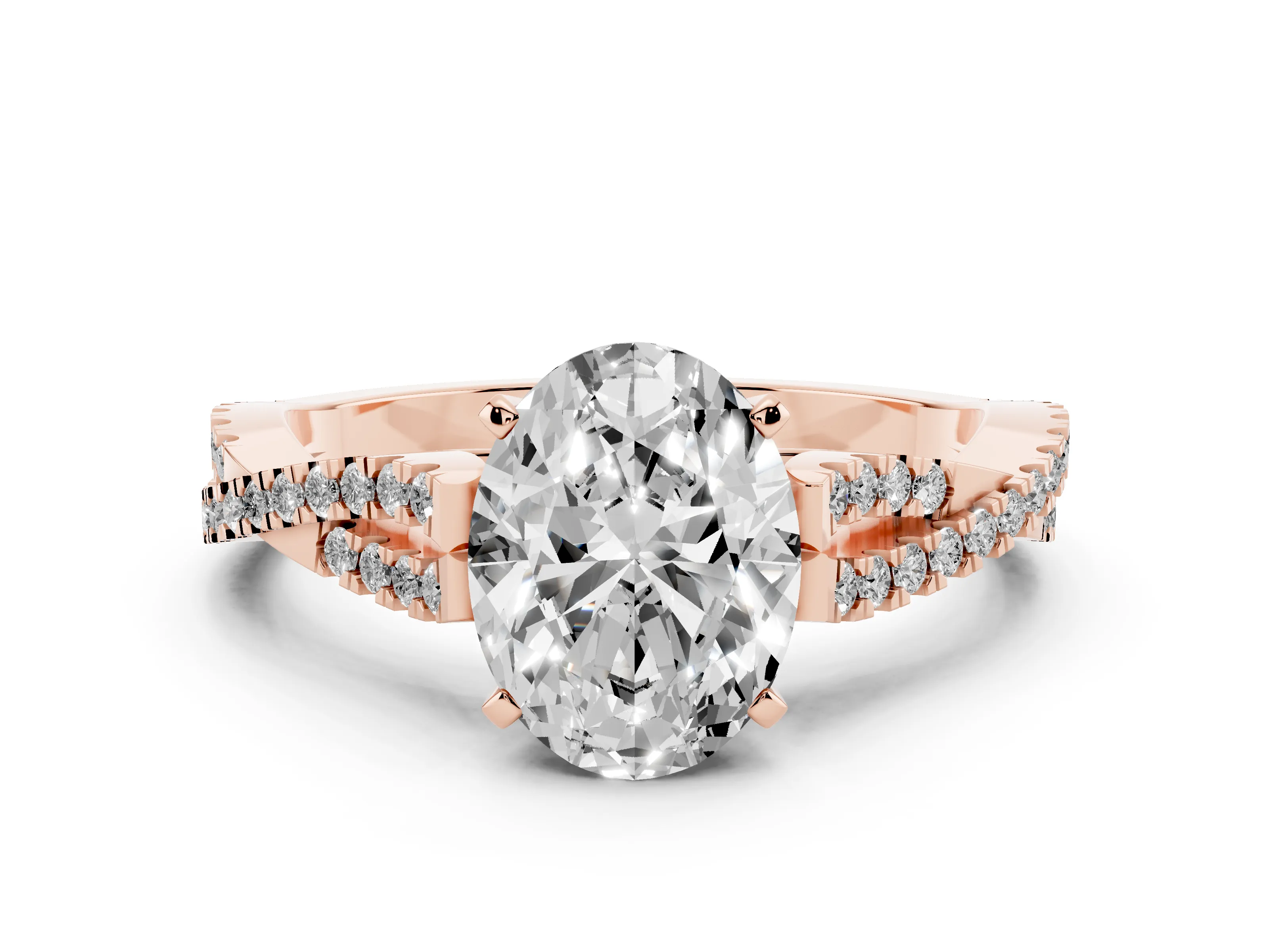 Oval Cut Diamond Solitaire Engagement Ring Set in Rose gold with Twisted Pavé Band and Prong Setting