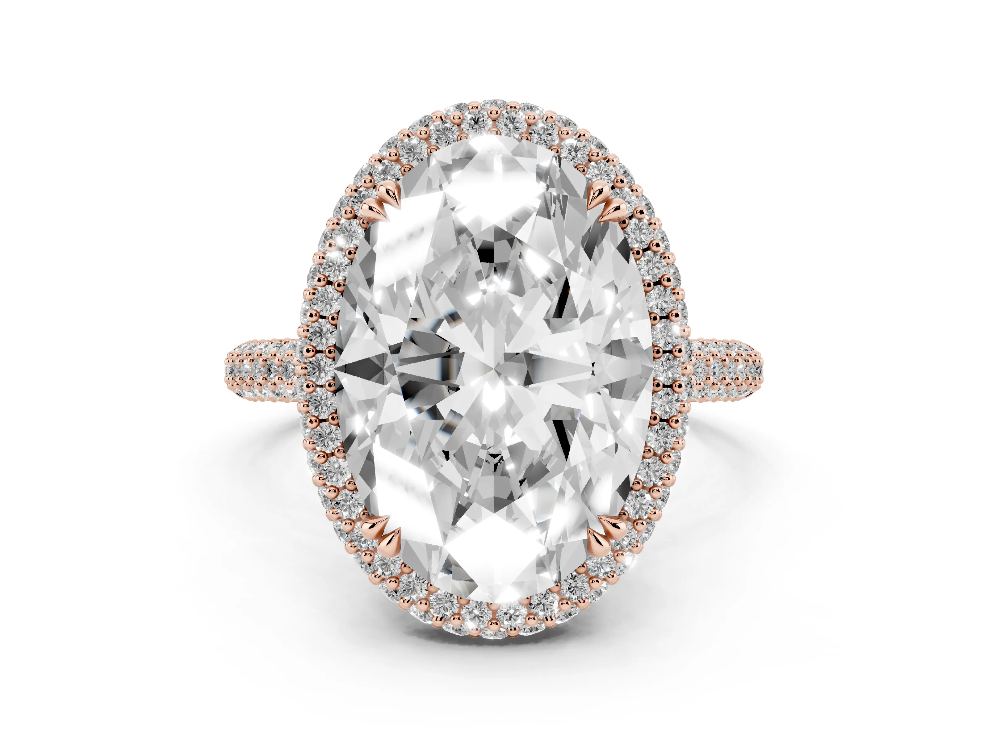 Oval Diamond Halo Ring Set in Rose gold with Round Accent Halo and Pavé Band