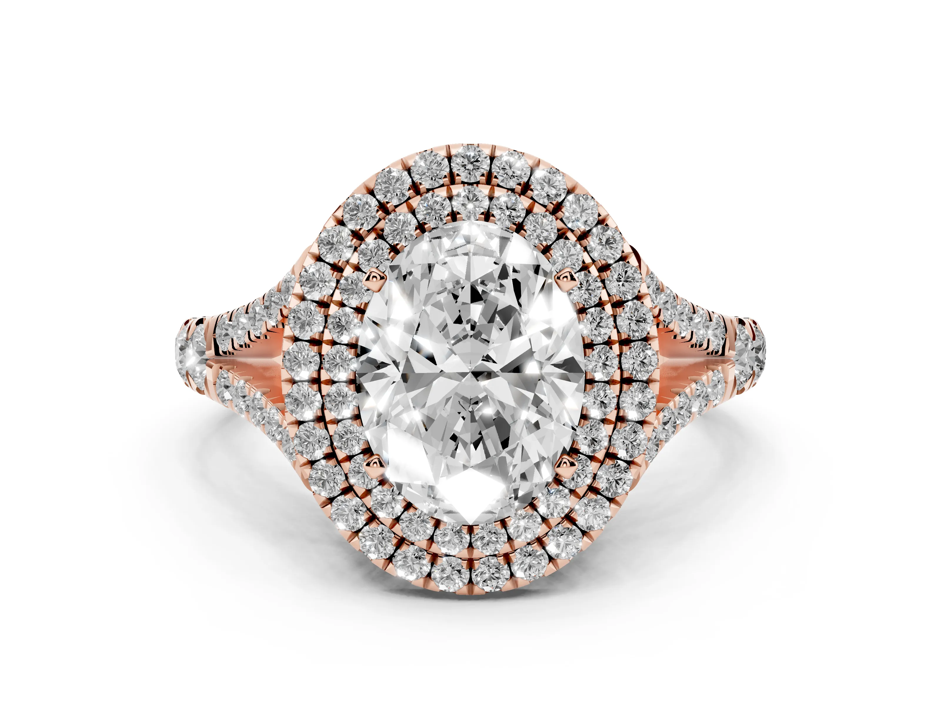 Oval Cut Diamond Pavé Split Shank Double Halo Engagement Ring Set in Rose gold