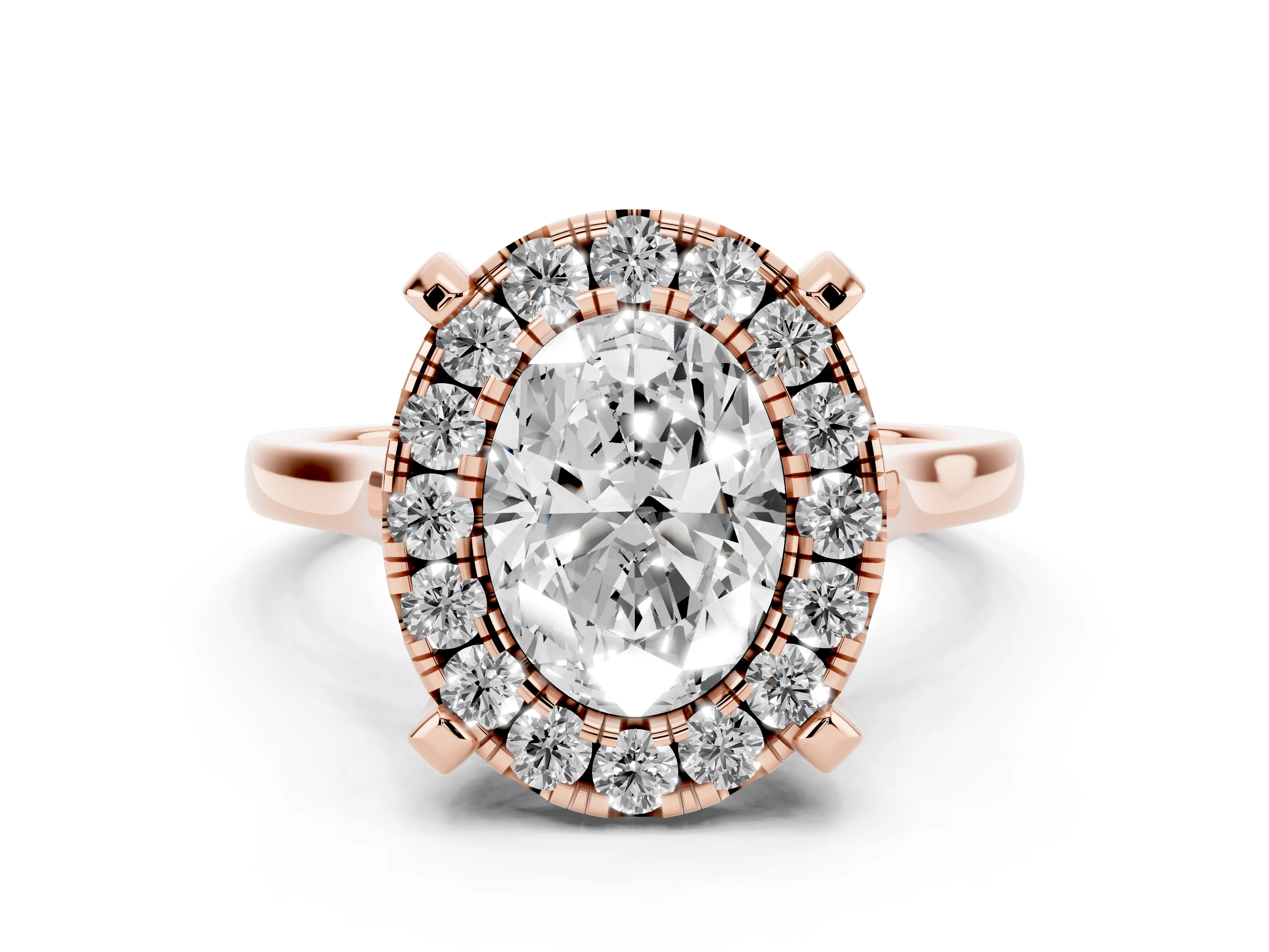 Oval Cut Diamond Cluster Halo Solitaire Ring Set in Rose gold with Prong Setting