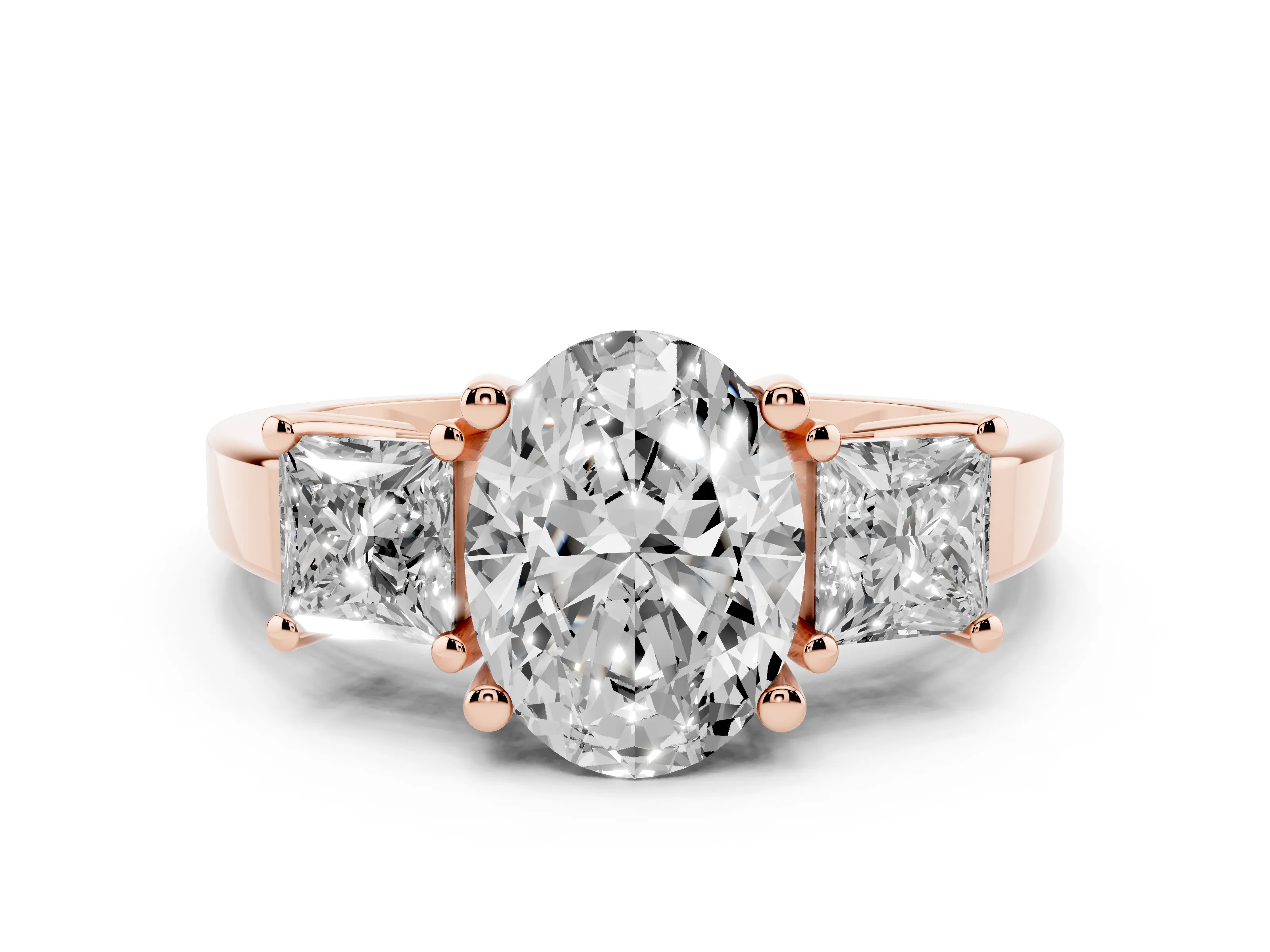 Three-Stone Oval Cut Diamond Solitaire Ring Set in Rose gold with Prong Setting
