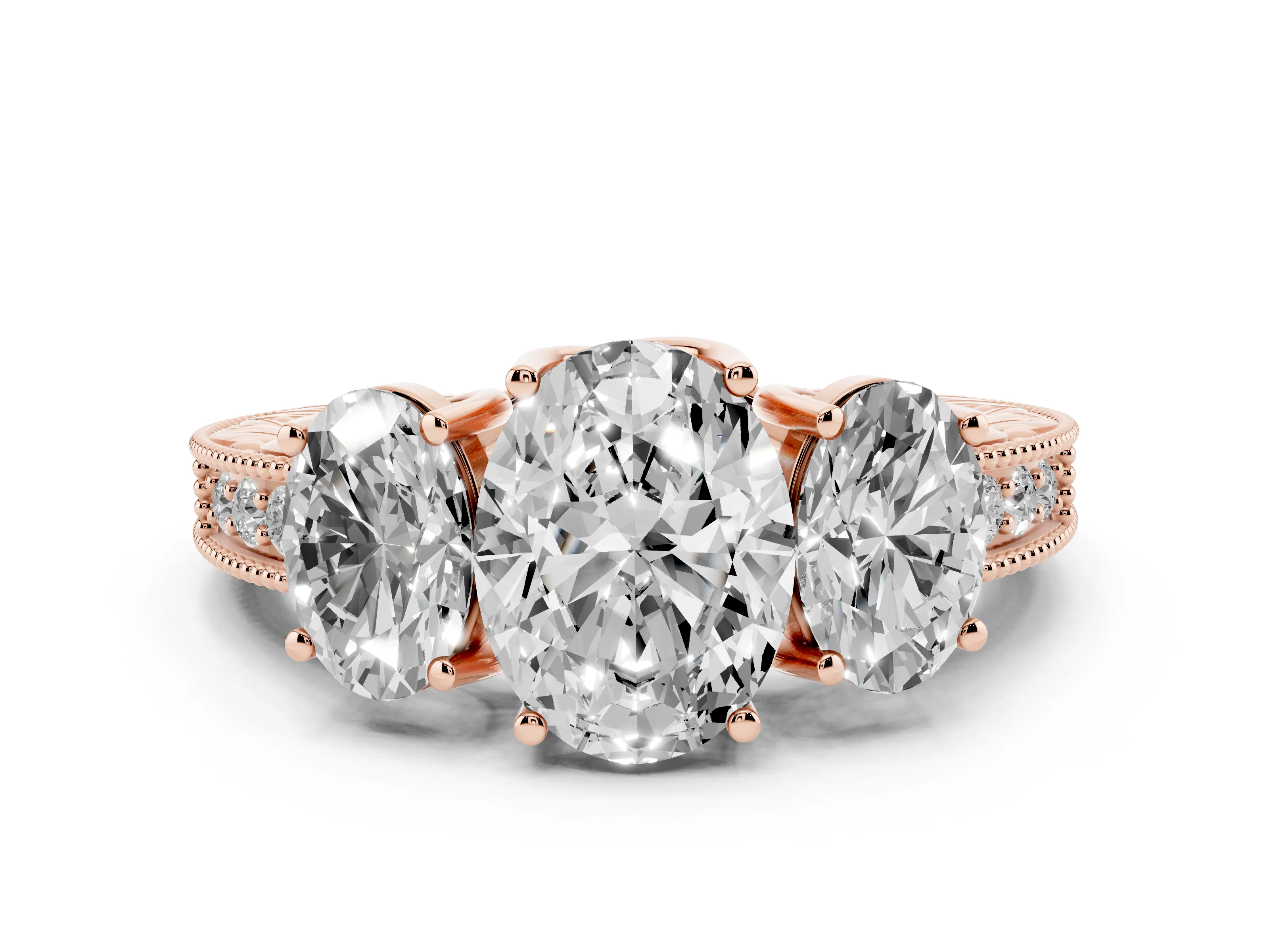 Oval Cut Diamond Three-Stone Engagement Ring Set in Rose gold with Milgrain Pavé Band