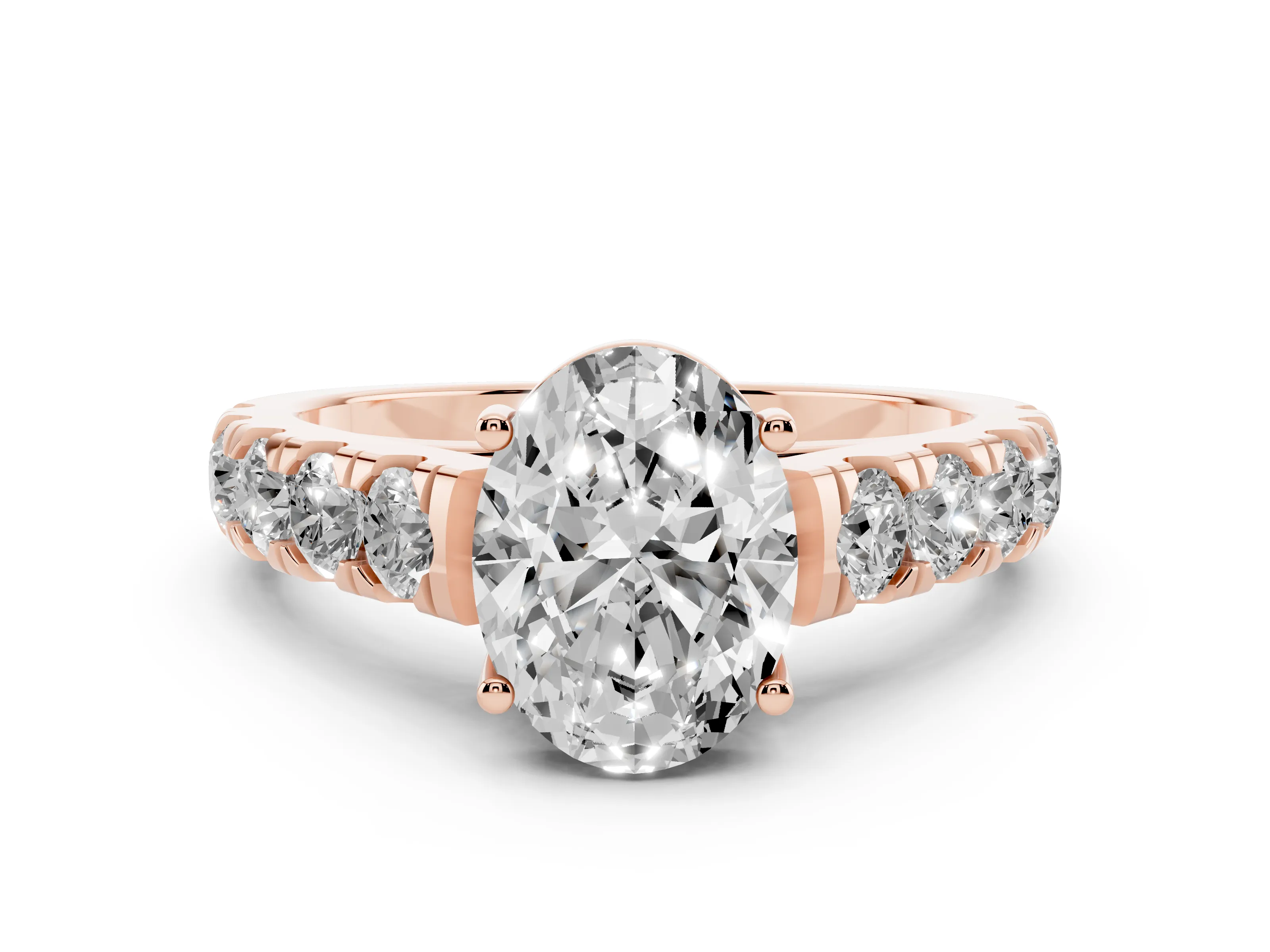 Oval Cut Diamond Solitaire Ring Set in Rose gold with Cut-Down Micro Pavé Band and Prong Setting
