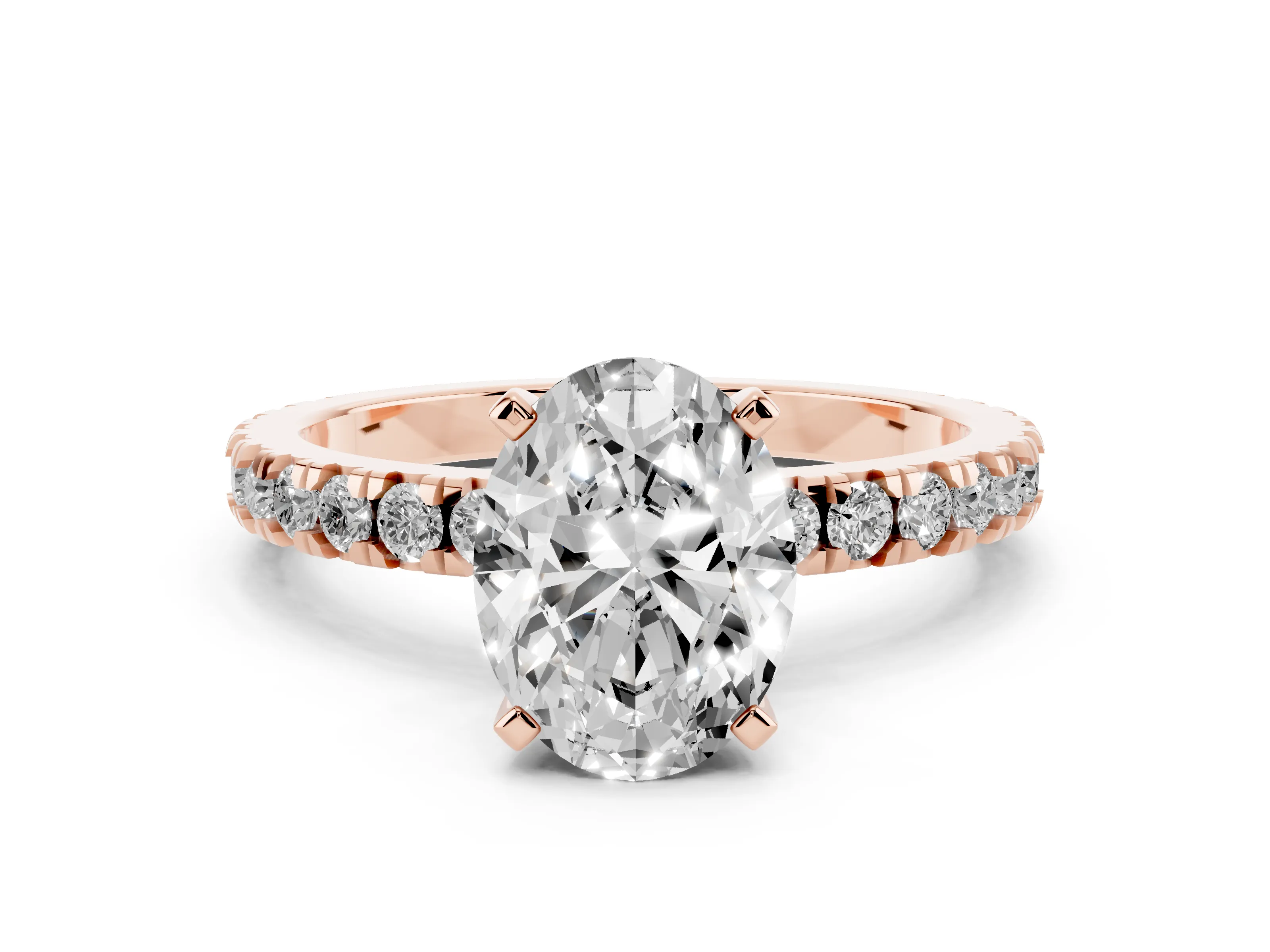 Oval Cut Diamond Pavé Band Solitaire Set in Rose gold with Prong Setting