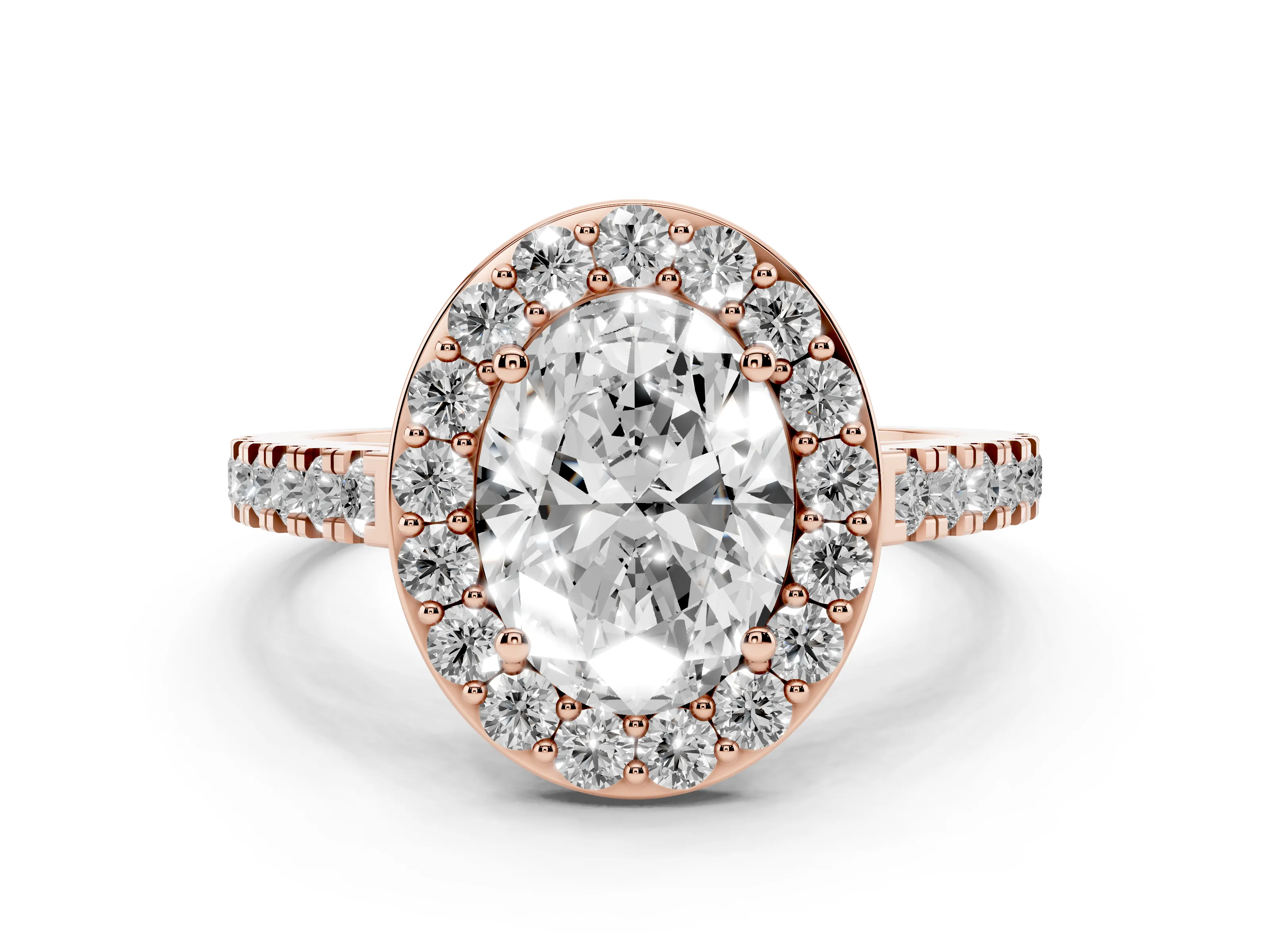 Oval Cut Diamond Halo Ring Set in Rose gold with Round Pavé Split Shank and Prong Setting