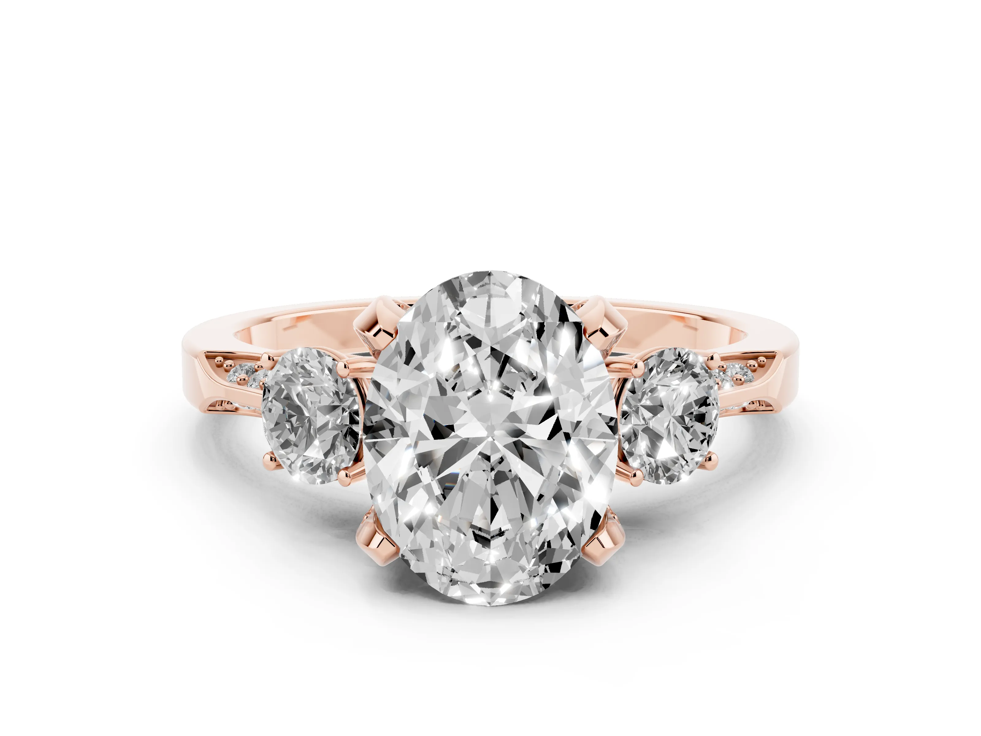 Oval Cut Diamond Three-Stone Ring Set in Rose gold with Pavé Band and Smaller Side Stones