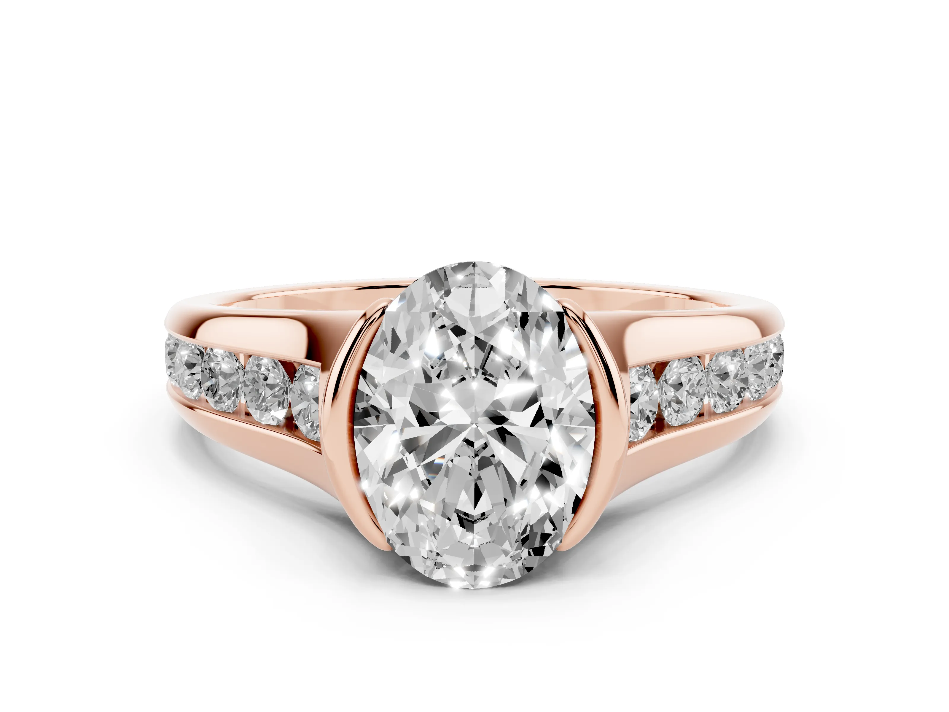 Oval Cut Diamond Bezel-Set Solitaire Ring Set in Rose gold with Channel-Set Band