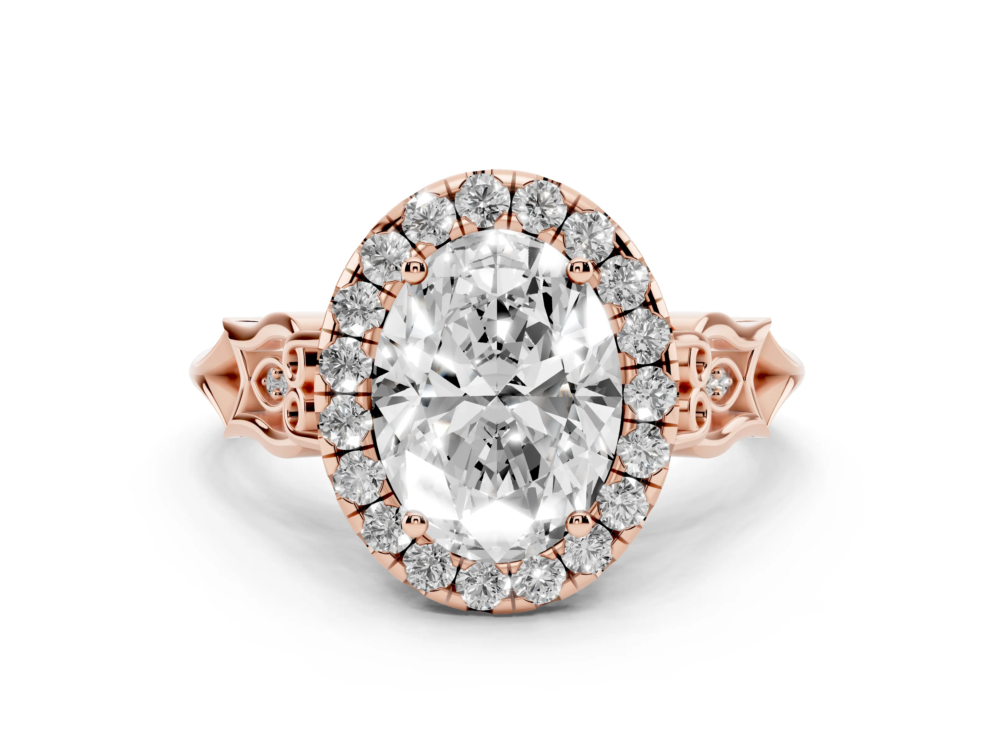 Oval Cut Diamond Halo Engagement Ring Set in Rose gold with Filigree Band and Prong-Set Center