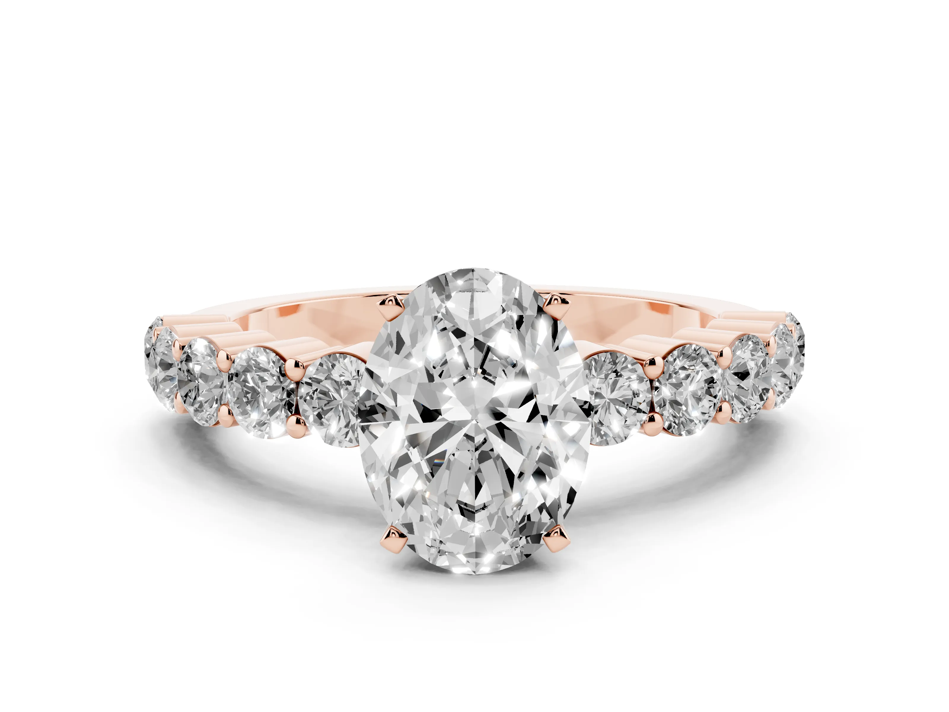Oval Cut Diamond Solitaire Ring Set in Rose gold with Shared Prong Round Side Stones