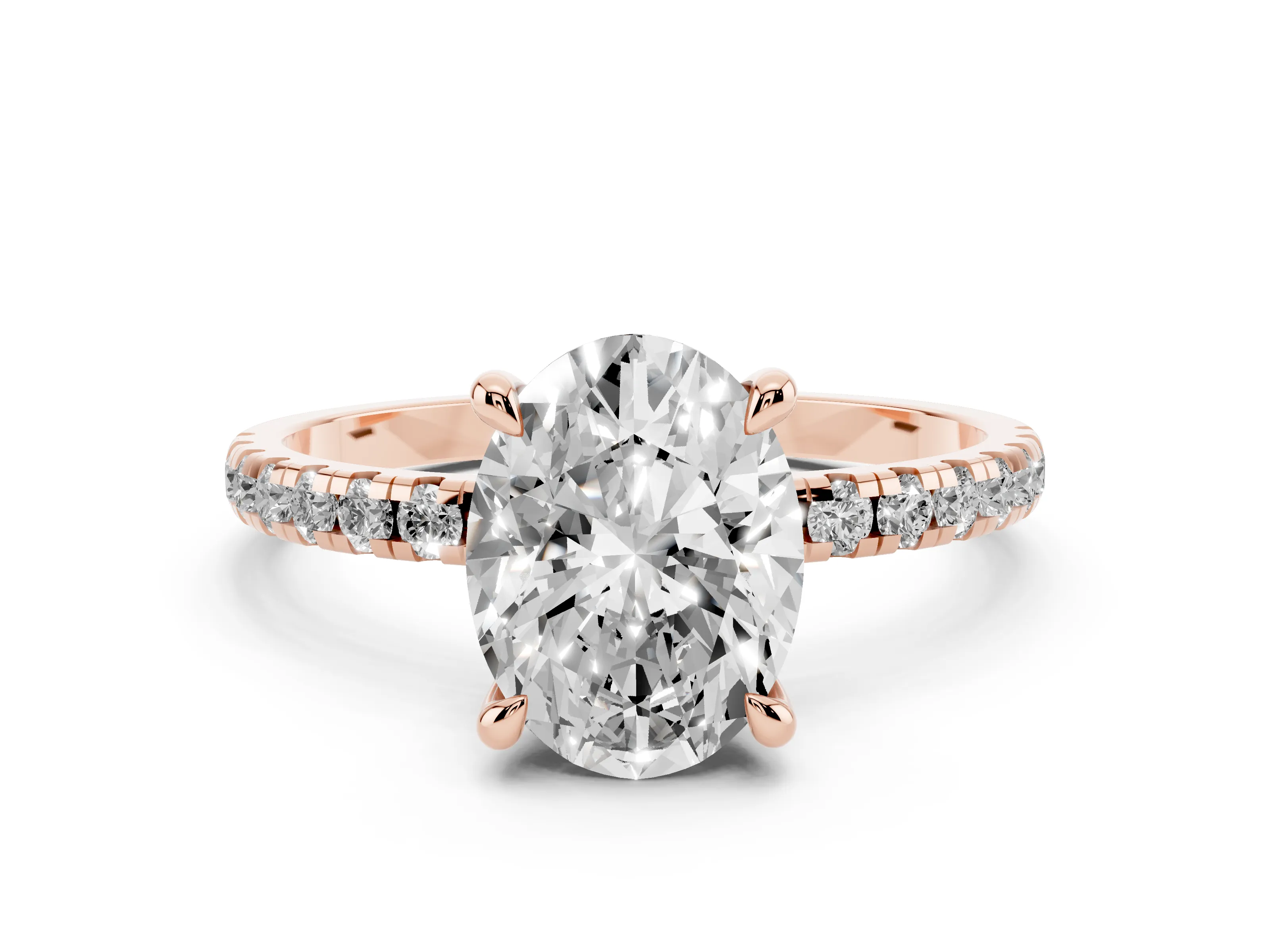 Oval Cut Diamond Brilliant Solitaire Ring Set in Rose gold with Pavé Band and Prong Setting