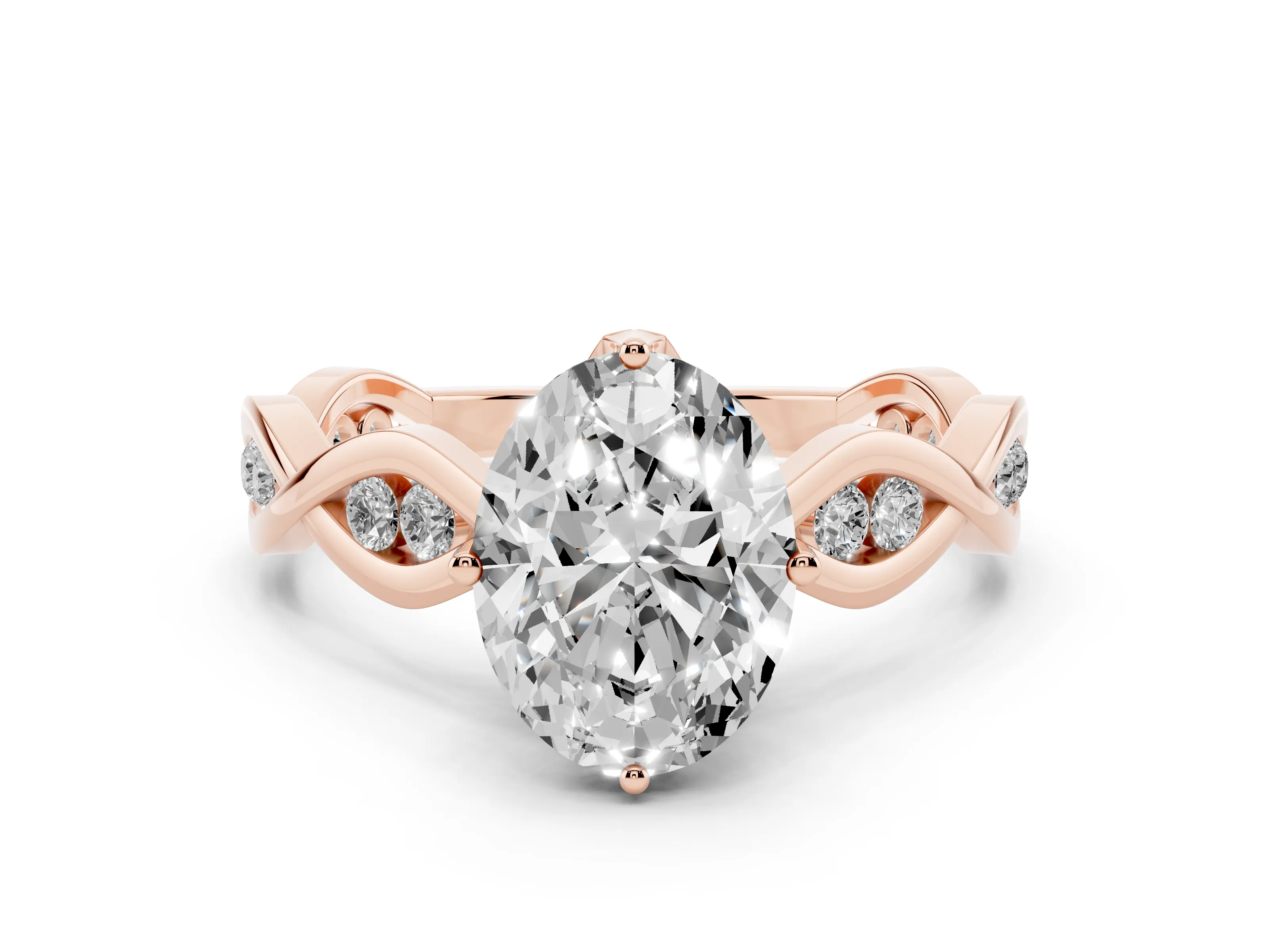 Oval Cut Diamond Twist Band Solitaire Ring Set in Rose gold with Leaf Prong Setting and Accent Stones