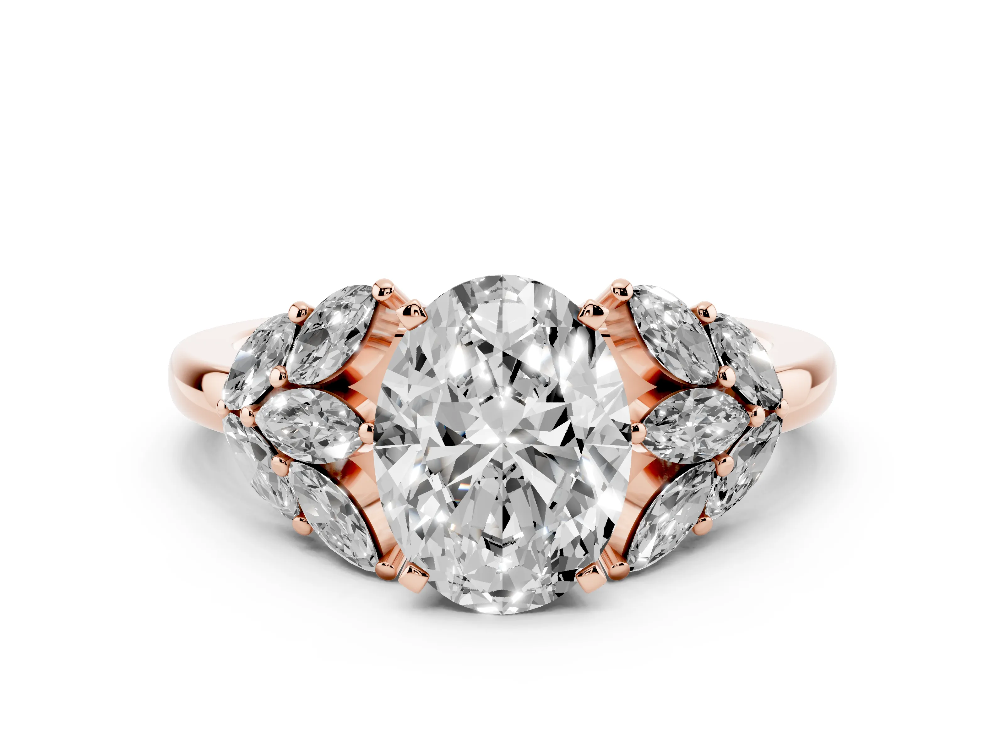 Oval Cut Diamond Cluster Leaf Design Ring Set in Rose gold with Prong Setting
