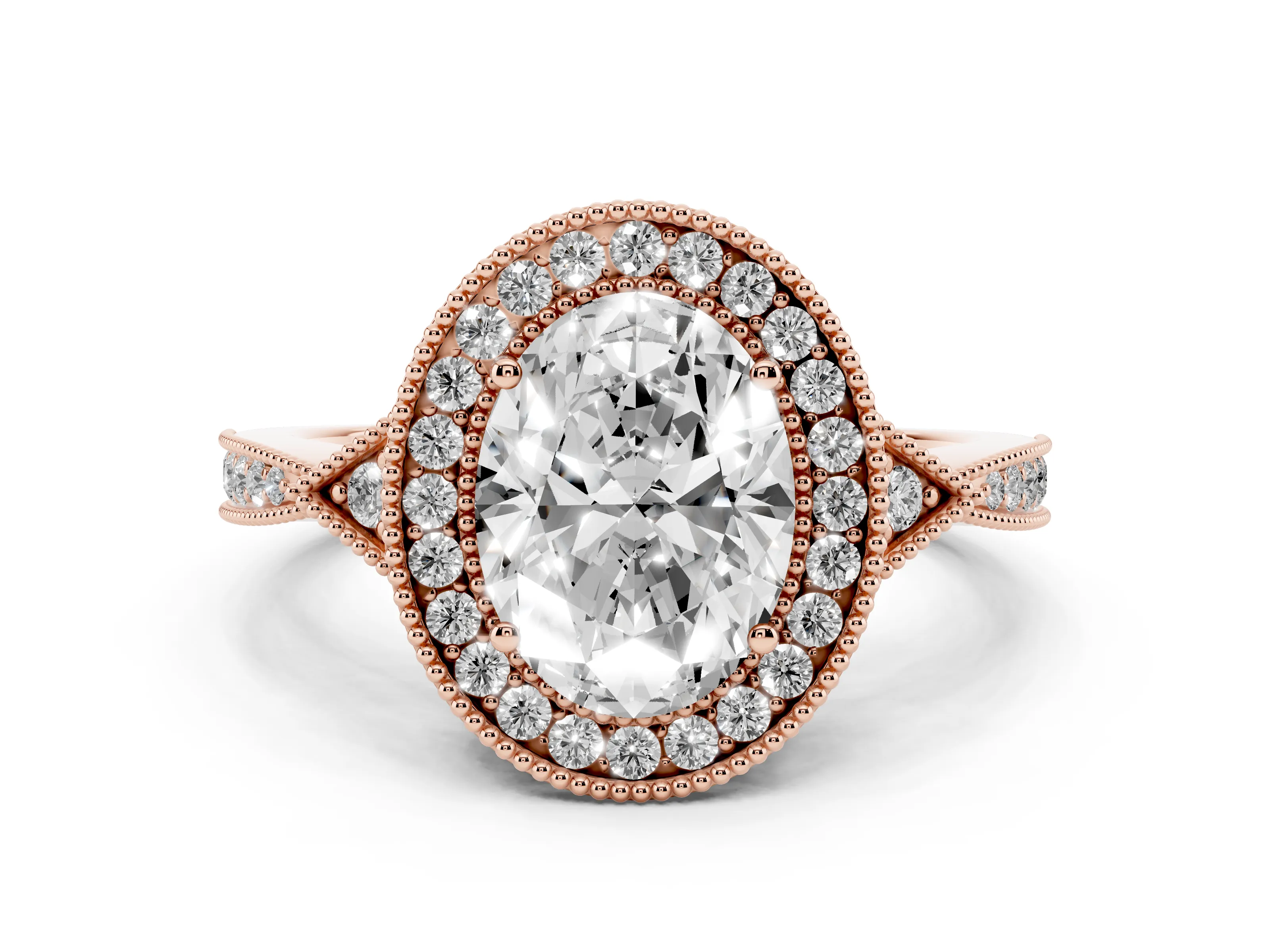 Oval Cut Diamond Halo Engagement Ring Set in Rose gold with Milgrain Pavé Band
