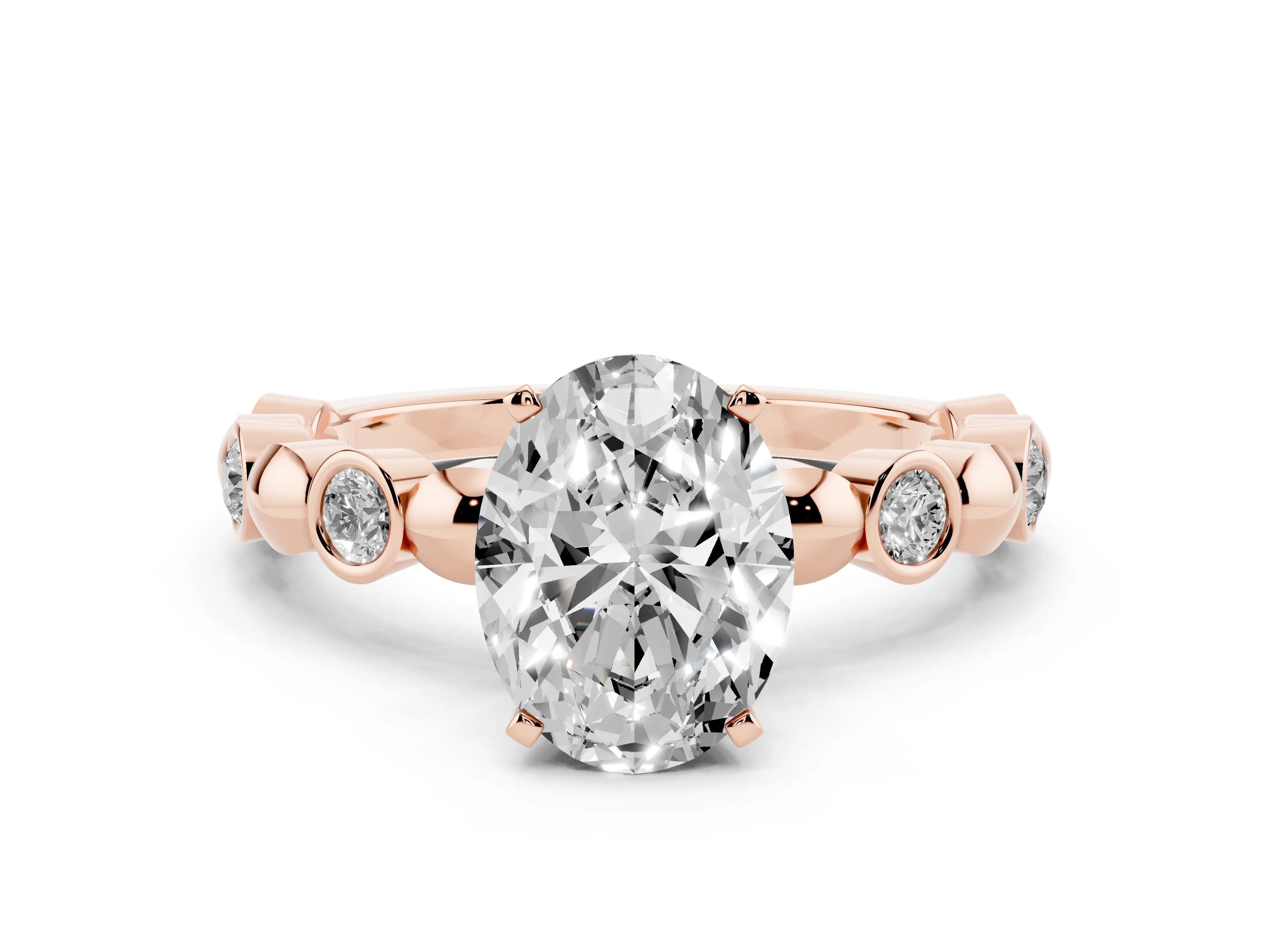 Oval Cut Diamond Solitaire Ring Set in Rose gold with Bezel-Set Accents on Beaded Band and Prong Setting