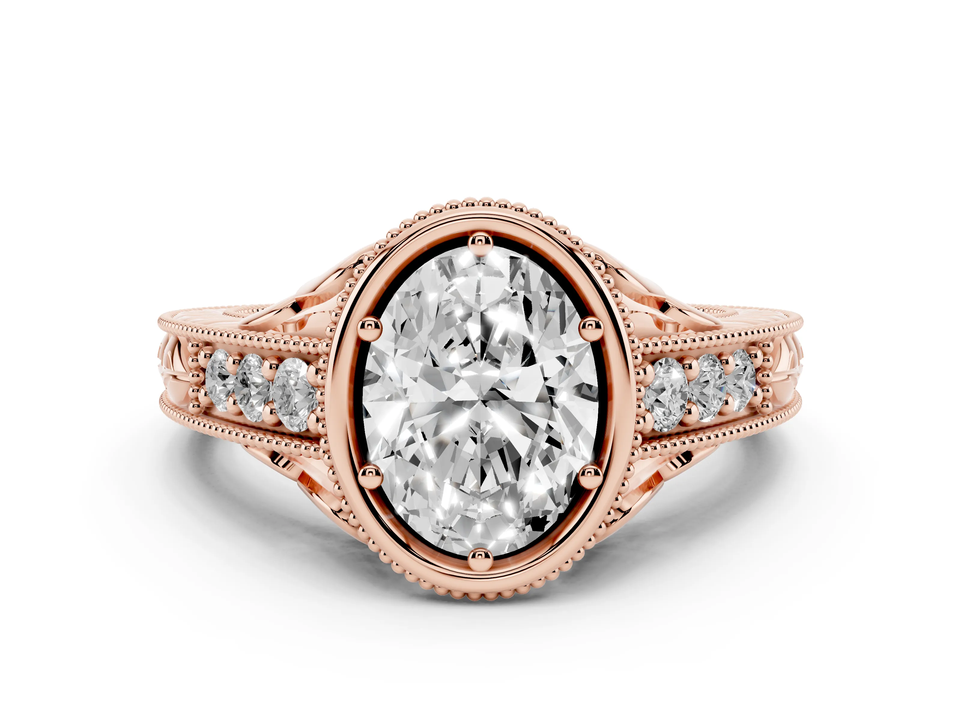 Bezel Set Oval Cut Diamond Milgrain Pavé Engagement Ring Set in Rose gold
