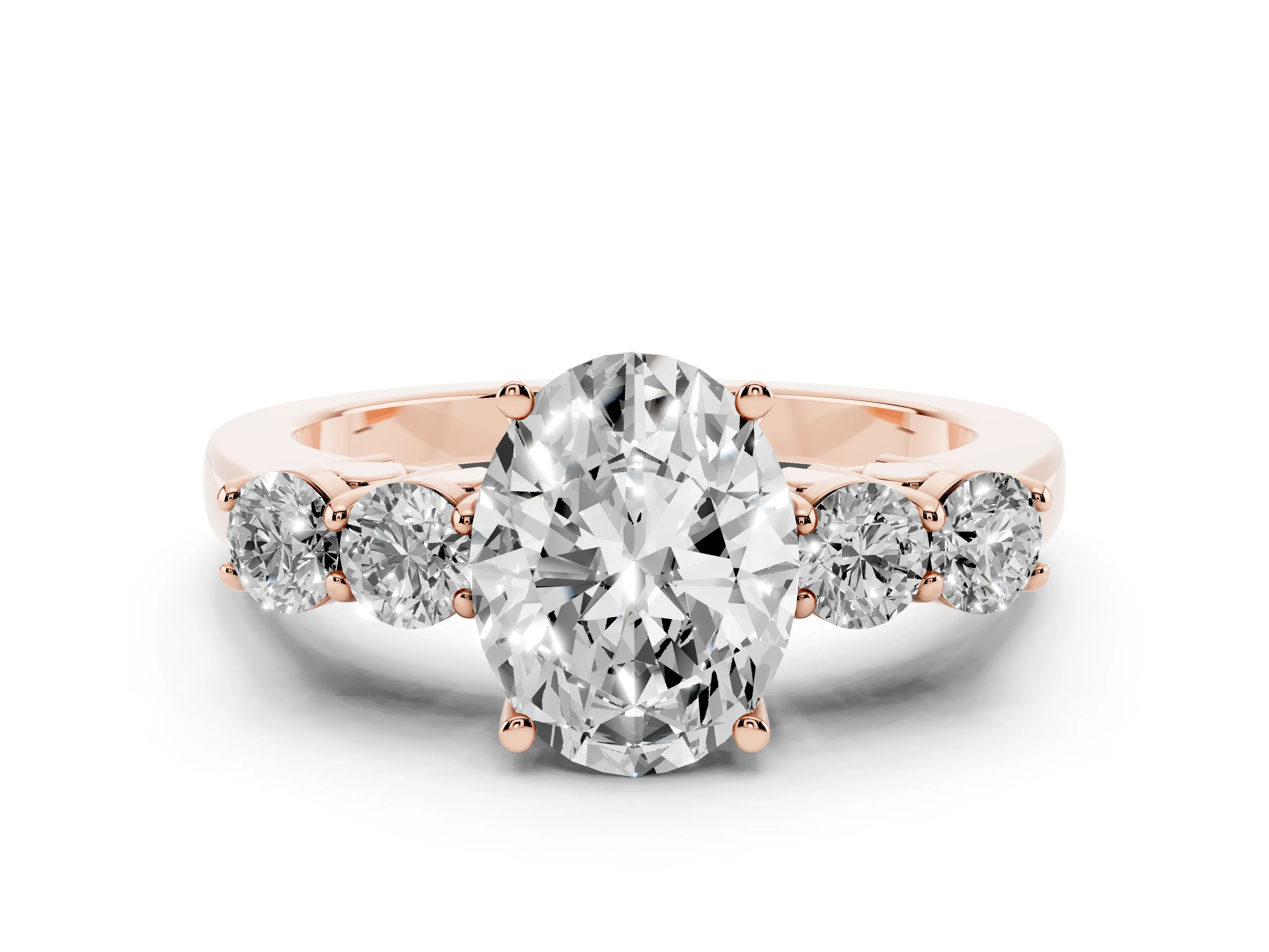 Oval Cut Diamond Five-Stone Prong Set Band Ring Set in Rose gold with Polished Band