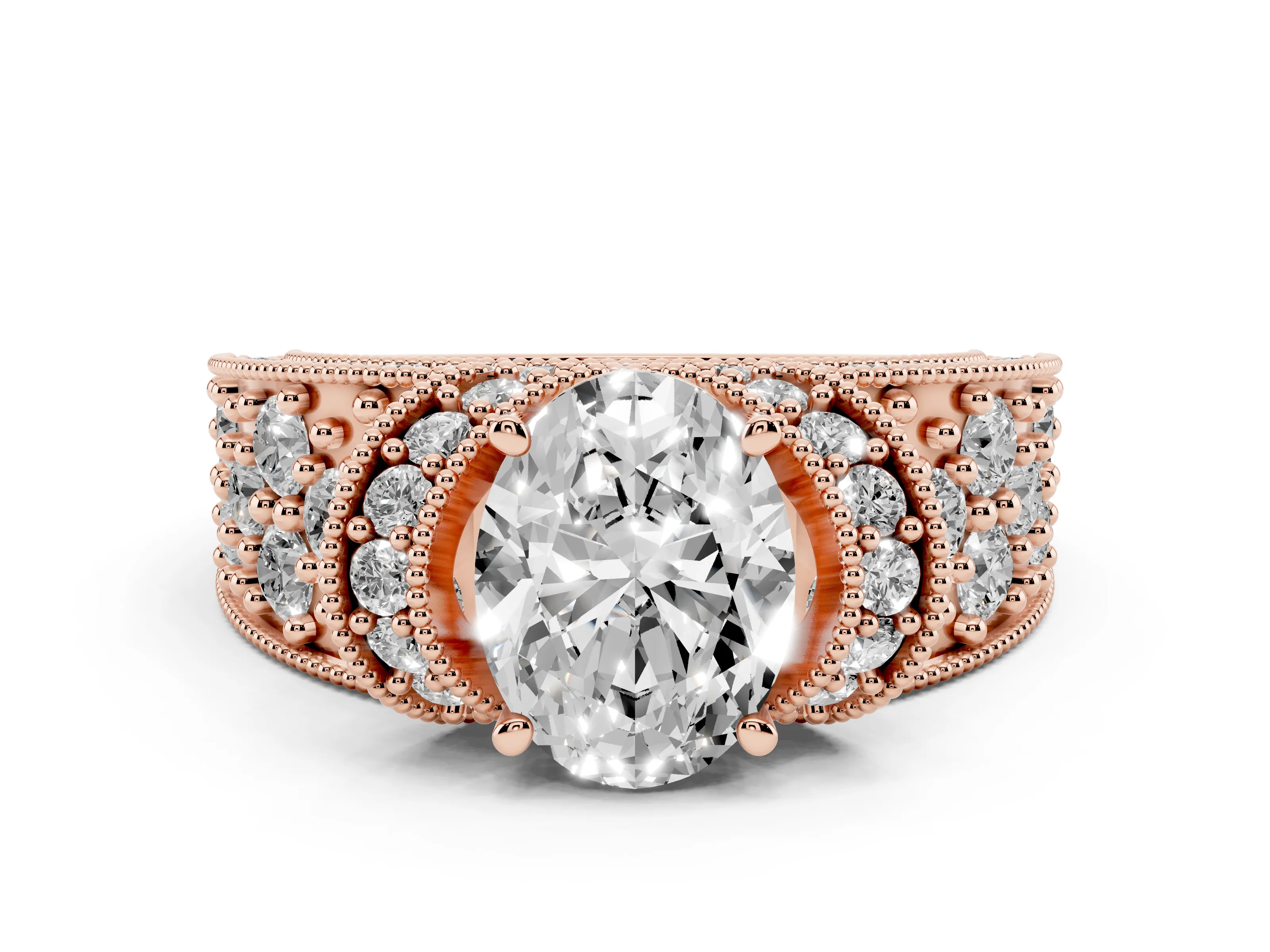 Oval Cut Diamond Milgrain Halo Pavé Engagement Ring Set in Rose gold with Prong Setting