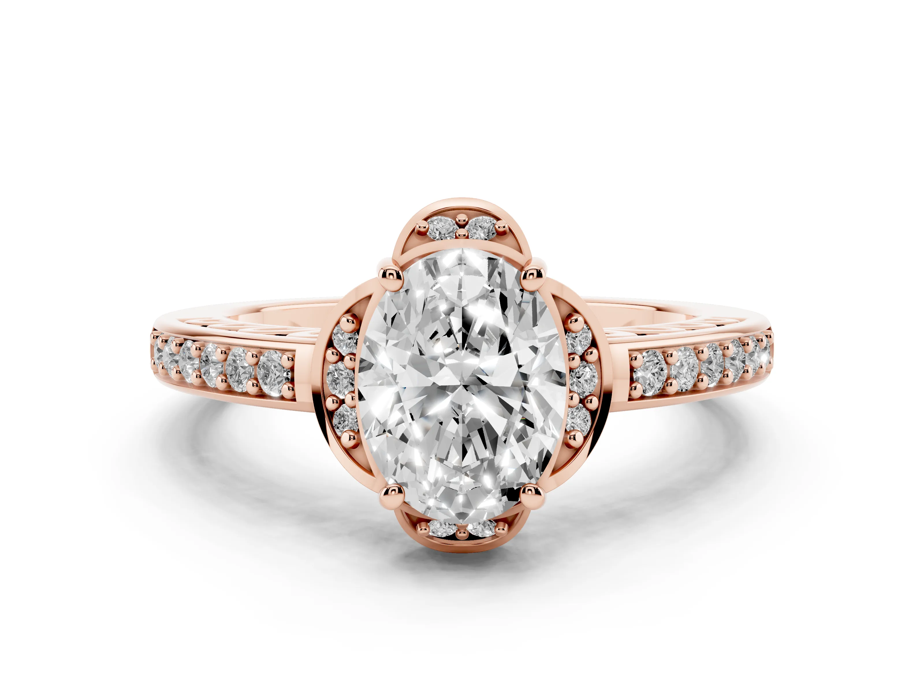 Oval Cut Diamond Halo Ring Set in Rose gold with Channel Set Band and Prong Setting