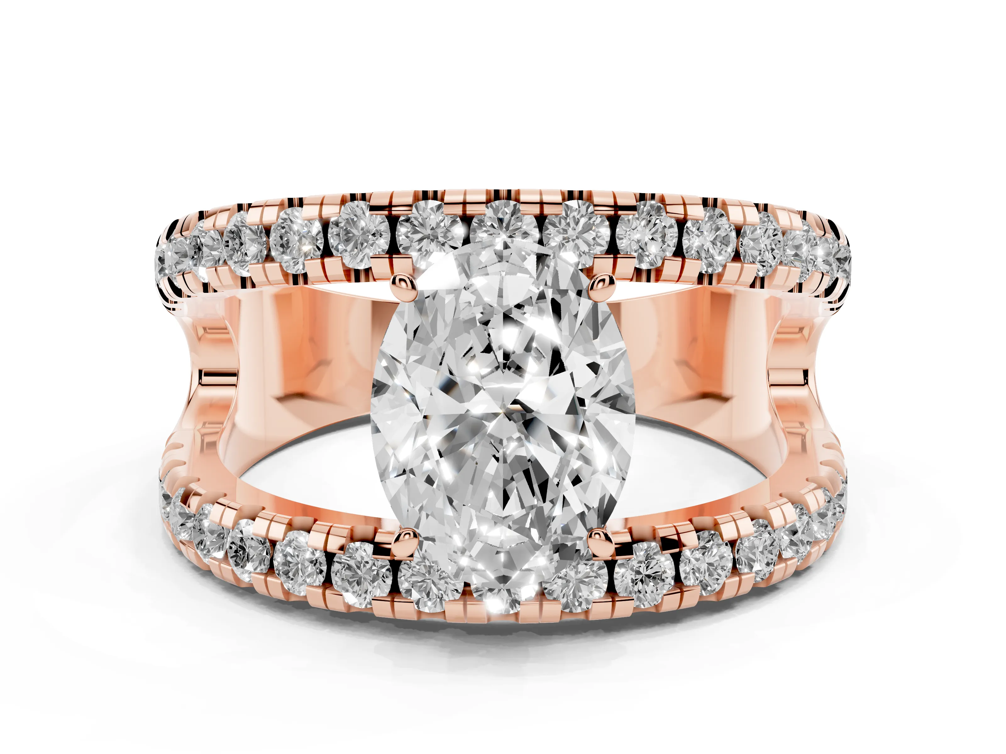 Oval Cut Diamond Split Shank Pavé Solitaire Ring Set in Rose gold with Open Shank Design