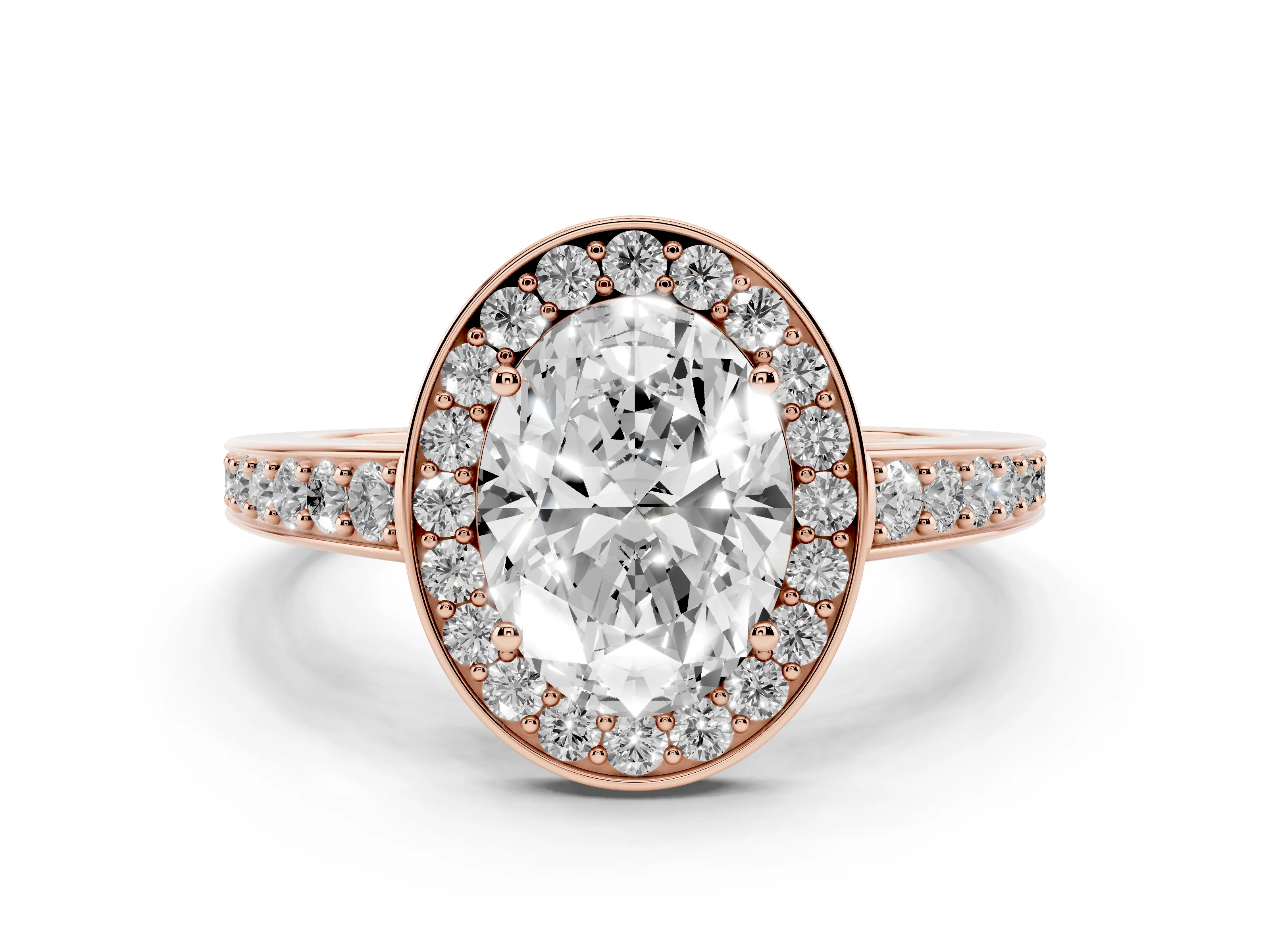 Oval Cut Diamond Halo Pavé Engagement Ring Set in Rose gold with Bezel Setting